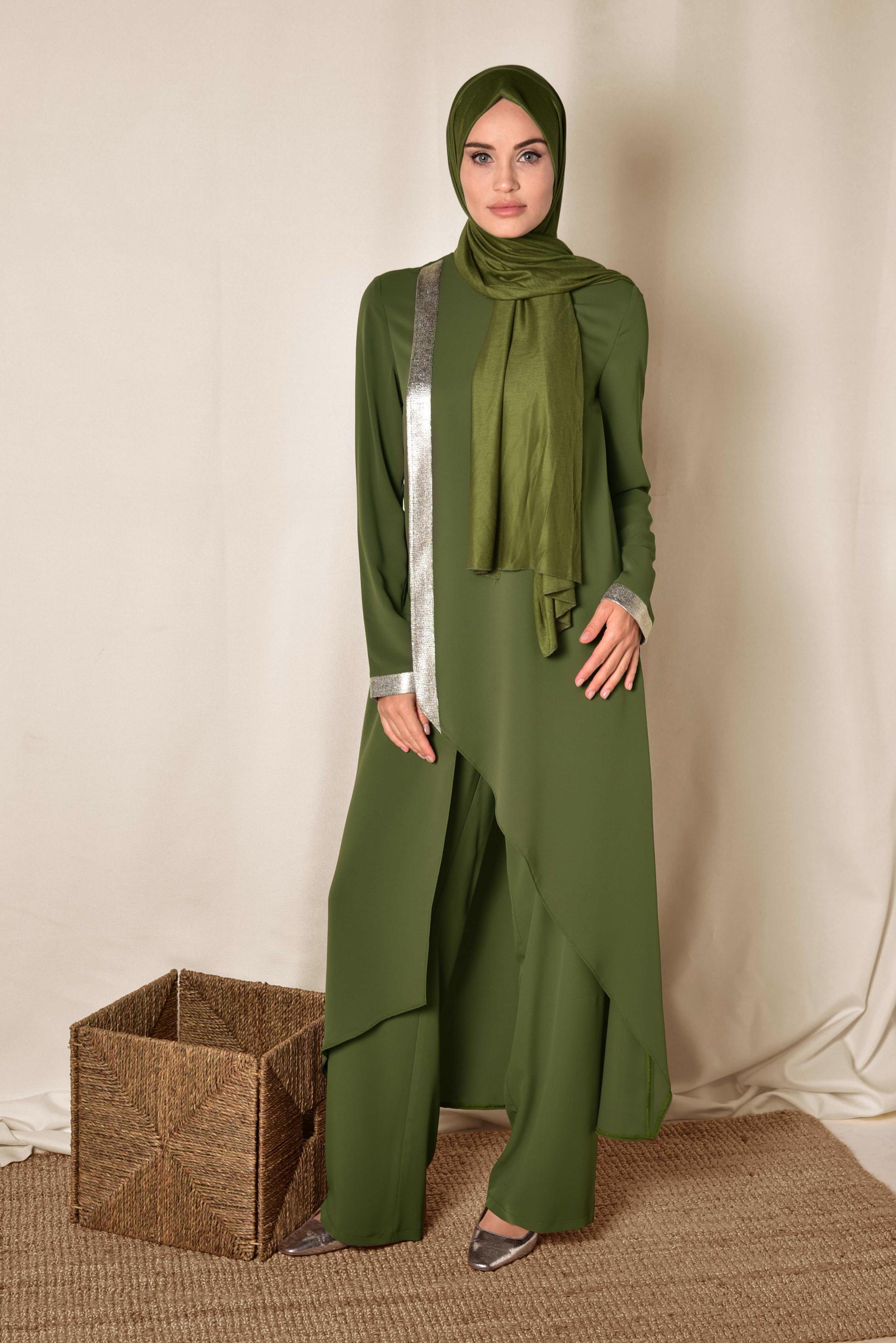 Tesettür giyim HAKİ ASİMETRİK KESİM İKİLİ PANTOLONLU TAKIM 3508