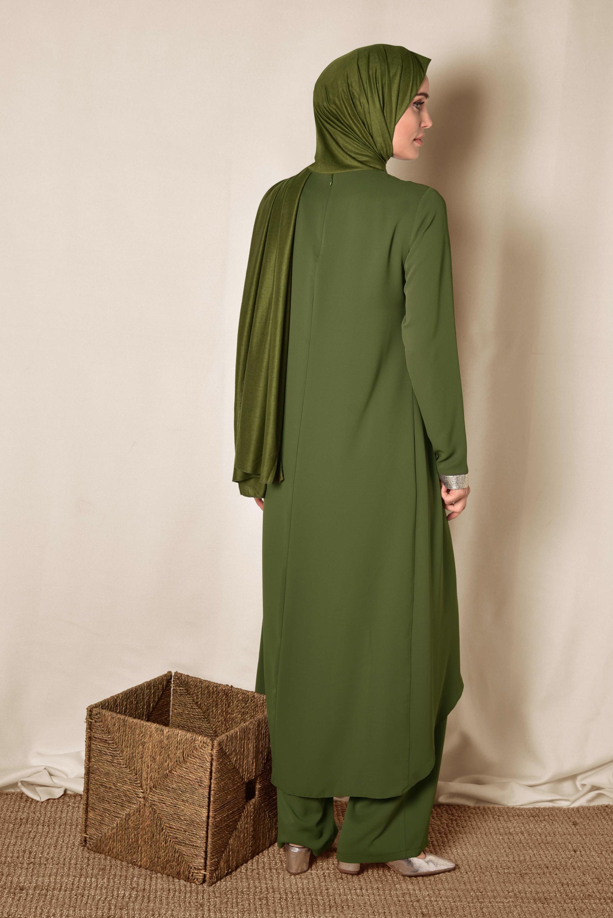 Tesettür giyim HAKİ ASİMETRİK KESİM İKİLİ PANTOLONLU TAKIM 3508