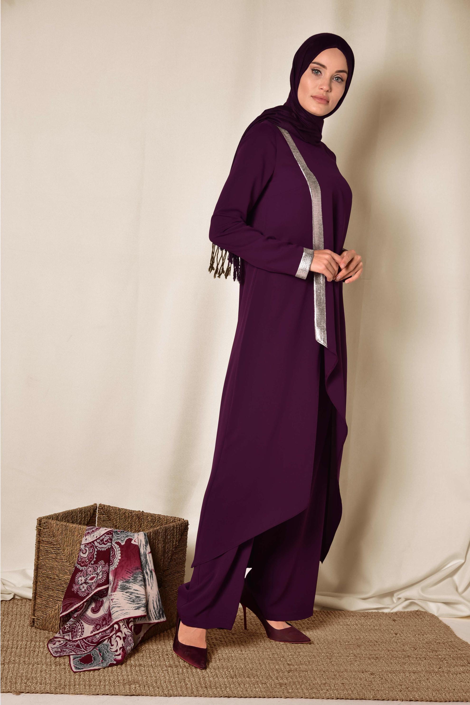 Tesettür giyim BORDO ASİMETRİK KESİM İKİLİ PANTOLONLU TAKIM 3508