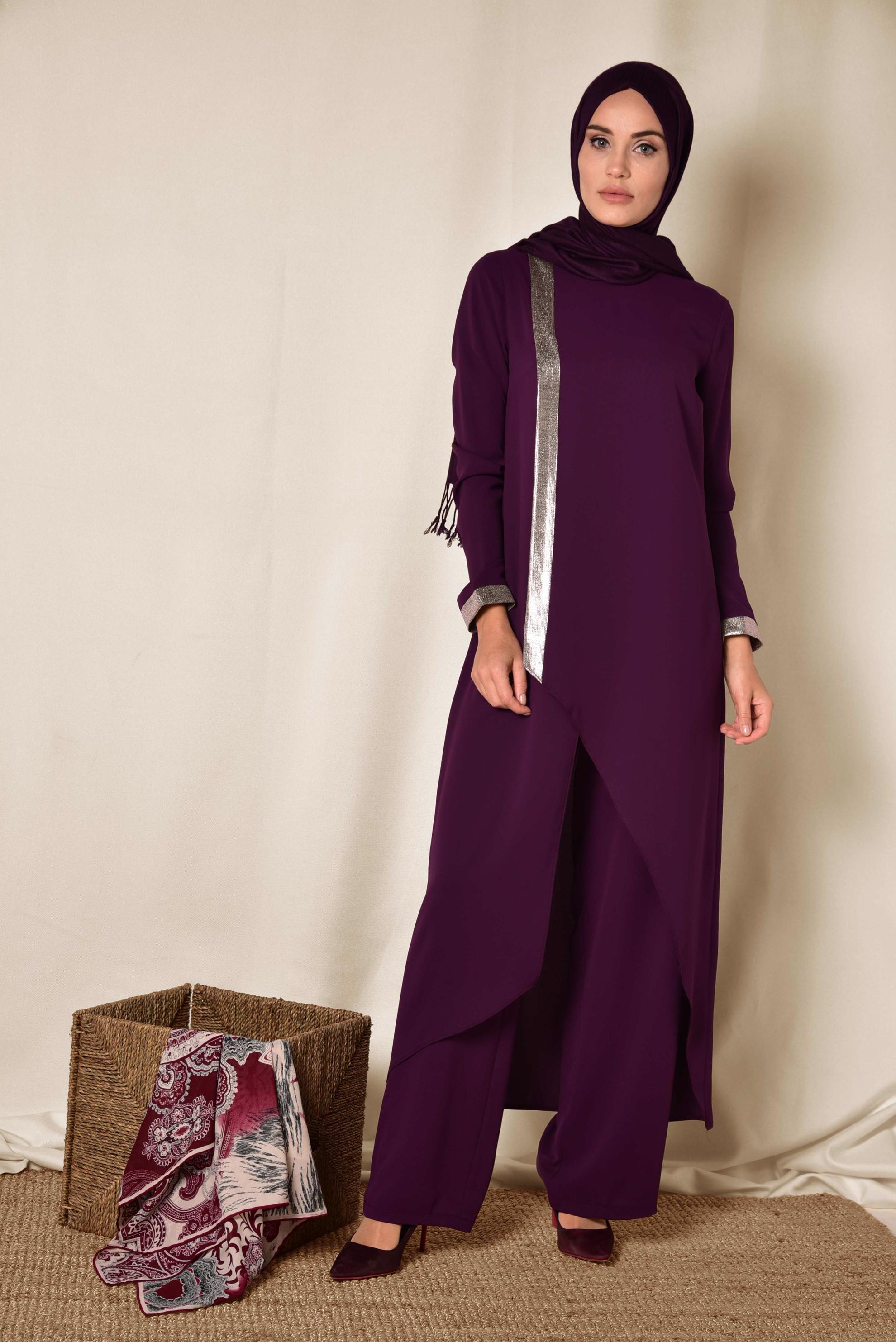 Tesettür giyim BORDO ASİMETRİK KESİM İKİLİ PANTOLONLU TAKIM 3508