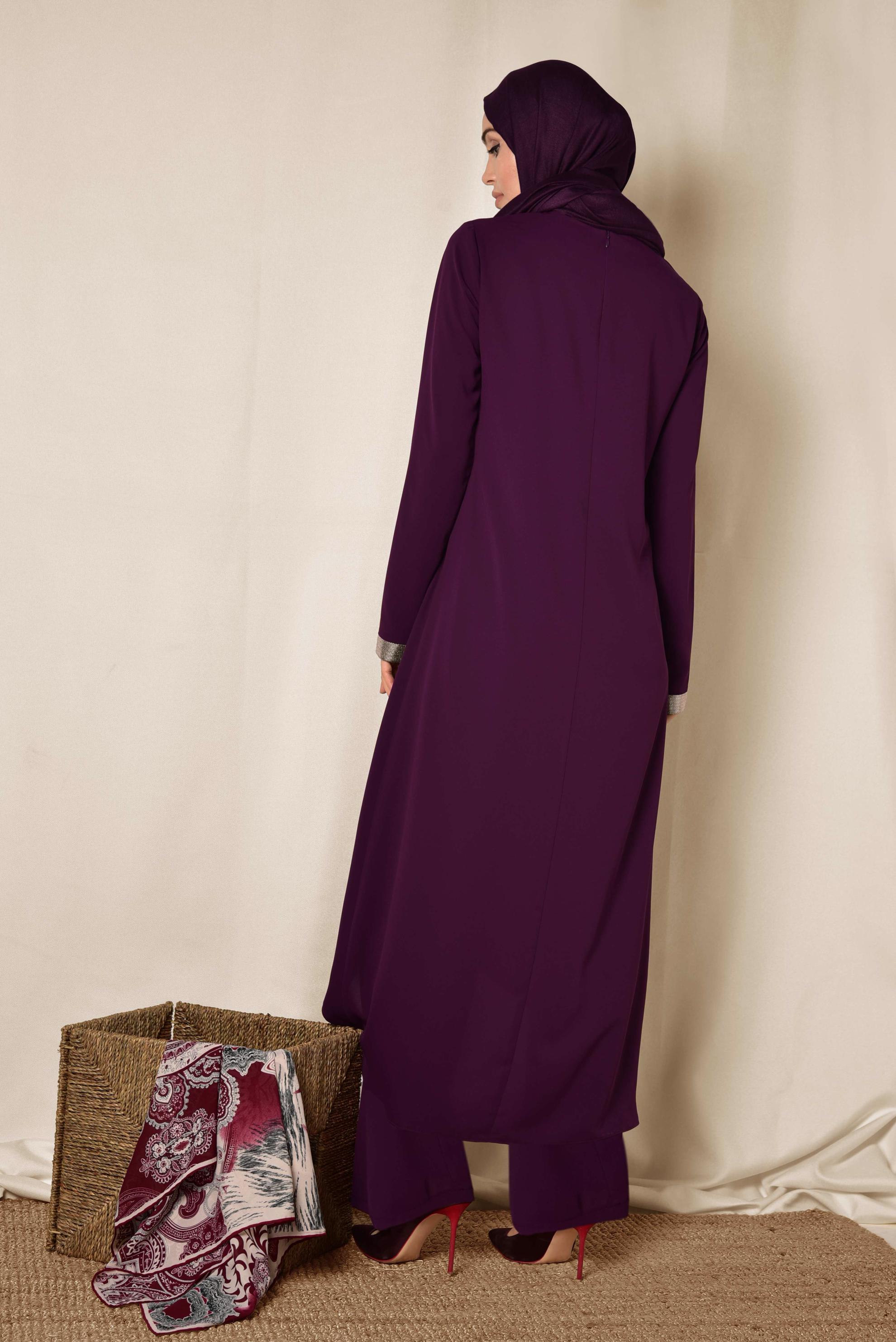 Tesettür giyim BORDO ASİMETRİK KESİM İKİLİ PANTOLONLU TAKIM 3508