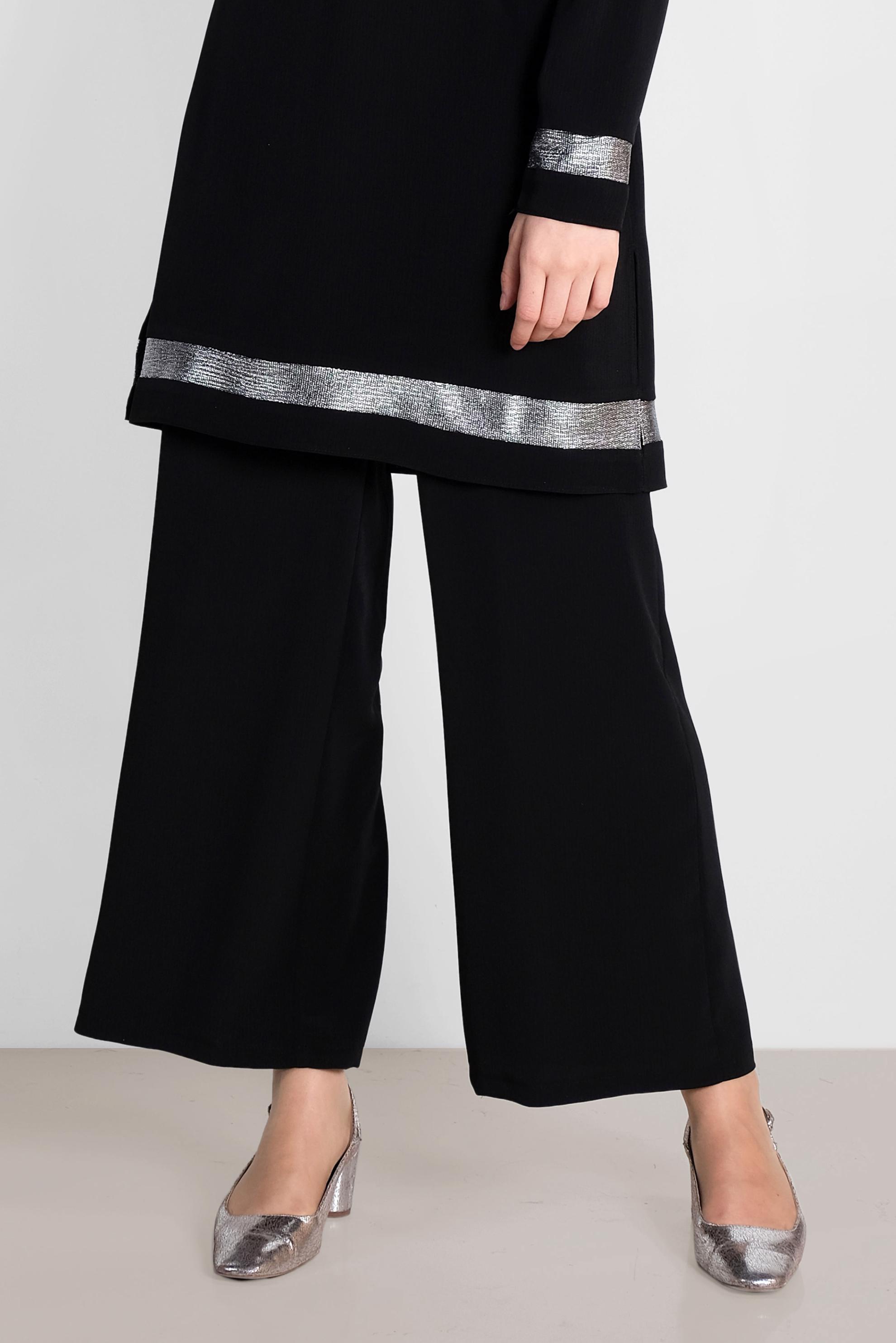 Tesettür giyim SİYAH ŞERİTLİ YALDIZLI İKİLİ PANTOLONLU TAKIM 3509