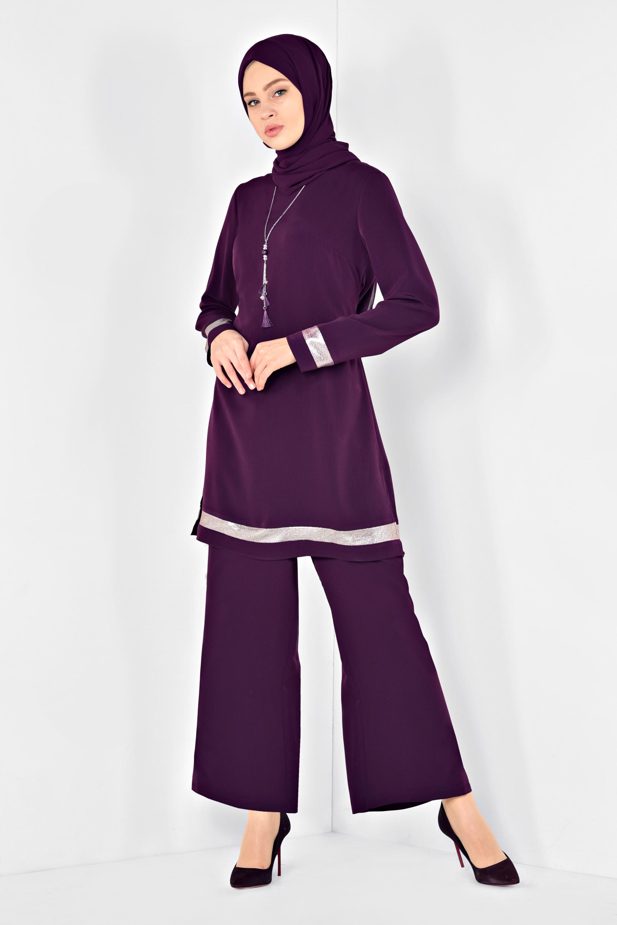 Tesettür giyim MOR ŞERİTLİ YALDIZLI İKİLİ PANTOLONLU TAKIM 3509