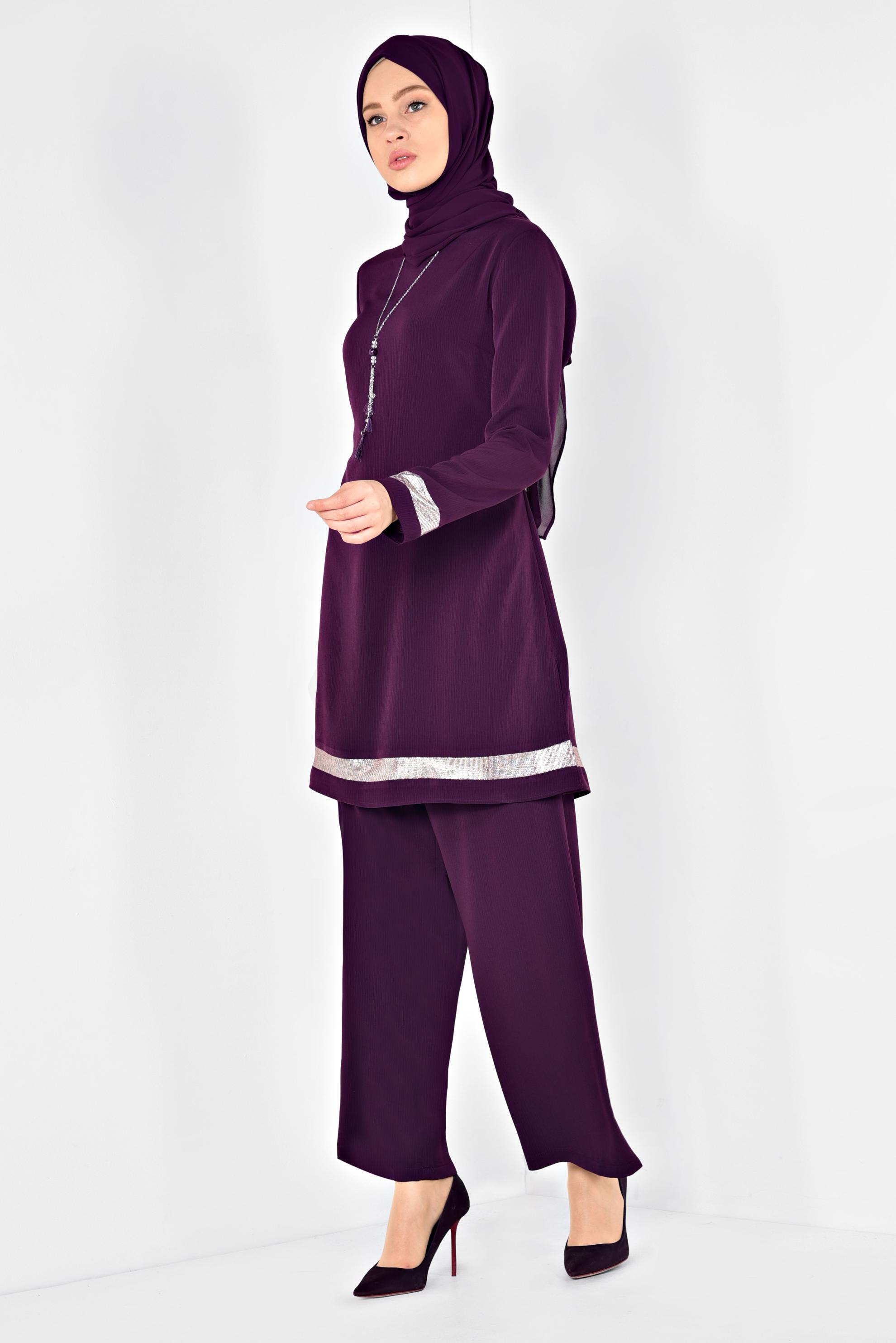 Tesettür giyim MOR ŞERİTLİ YALDIZLI İKİLİ PANTOLONLU TAKIM 3509