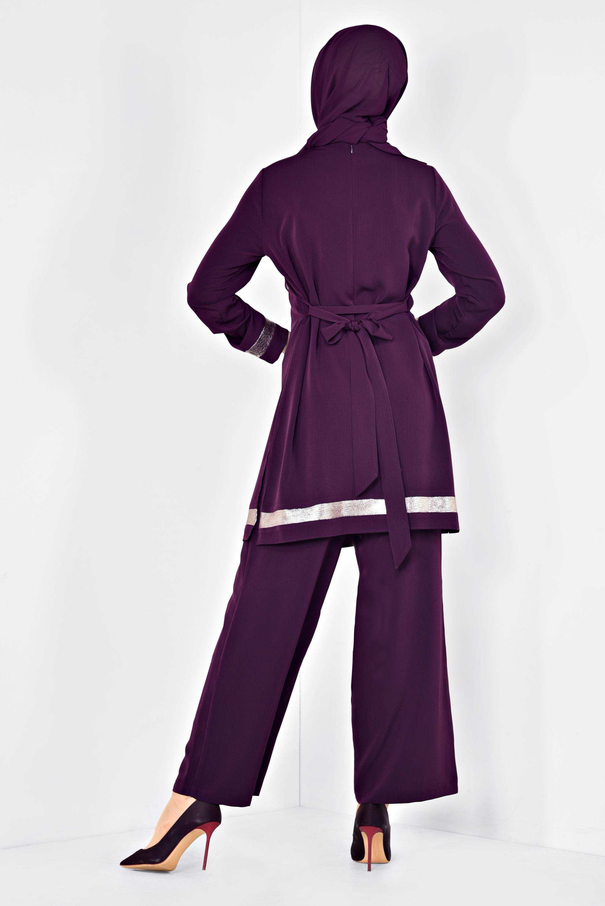 Tesettür giyim MOR ŞERİTLİ YALDIZLI İKİLİ PANTOLONLU TAKIM 3509