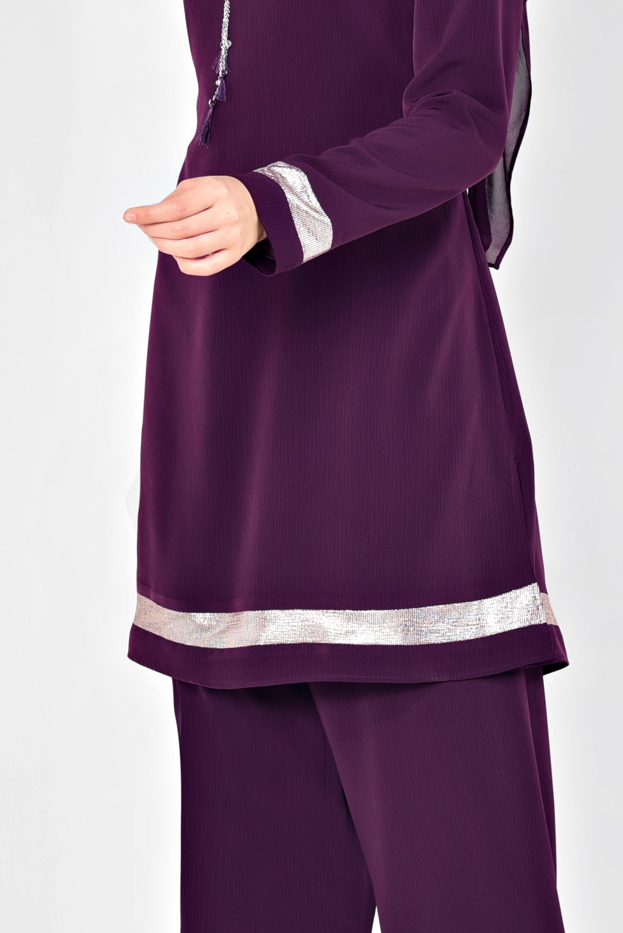 Tesettür giyim MOR ŞERİTLİ YALDIZLI İKİLİ PANTOLONLU TAKIM 3509