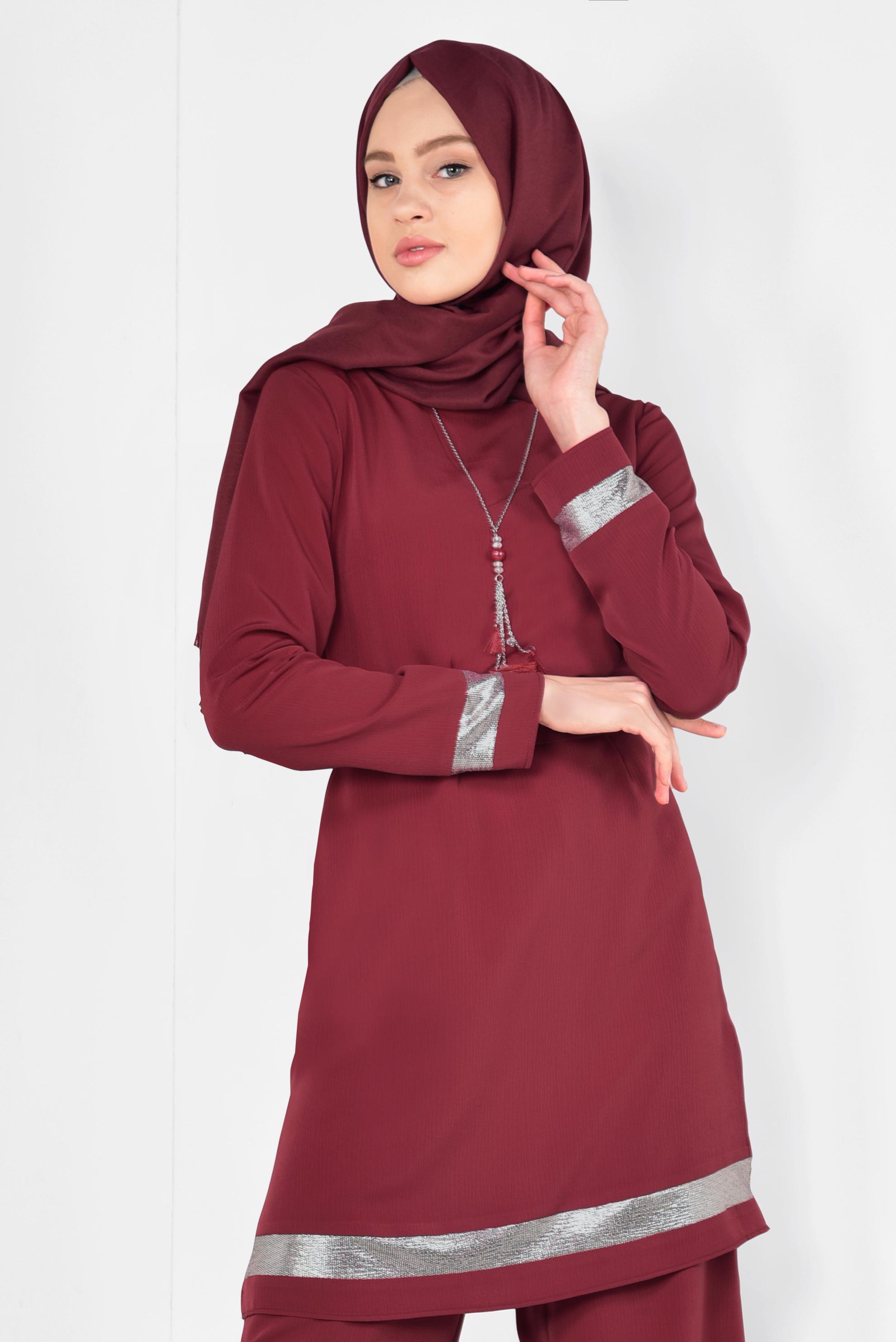 Tesettür giyim BORDO ŞERİTLİ YALDIZLI İKİLİ PANTOLONLU TAKIM 3509
