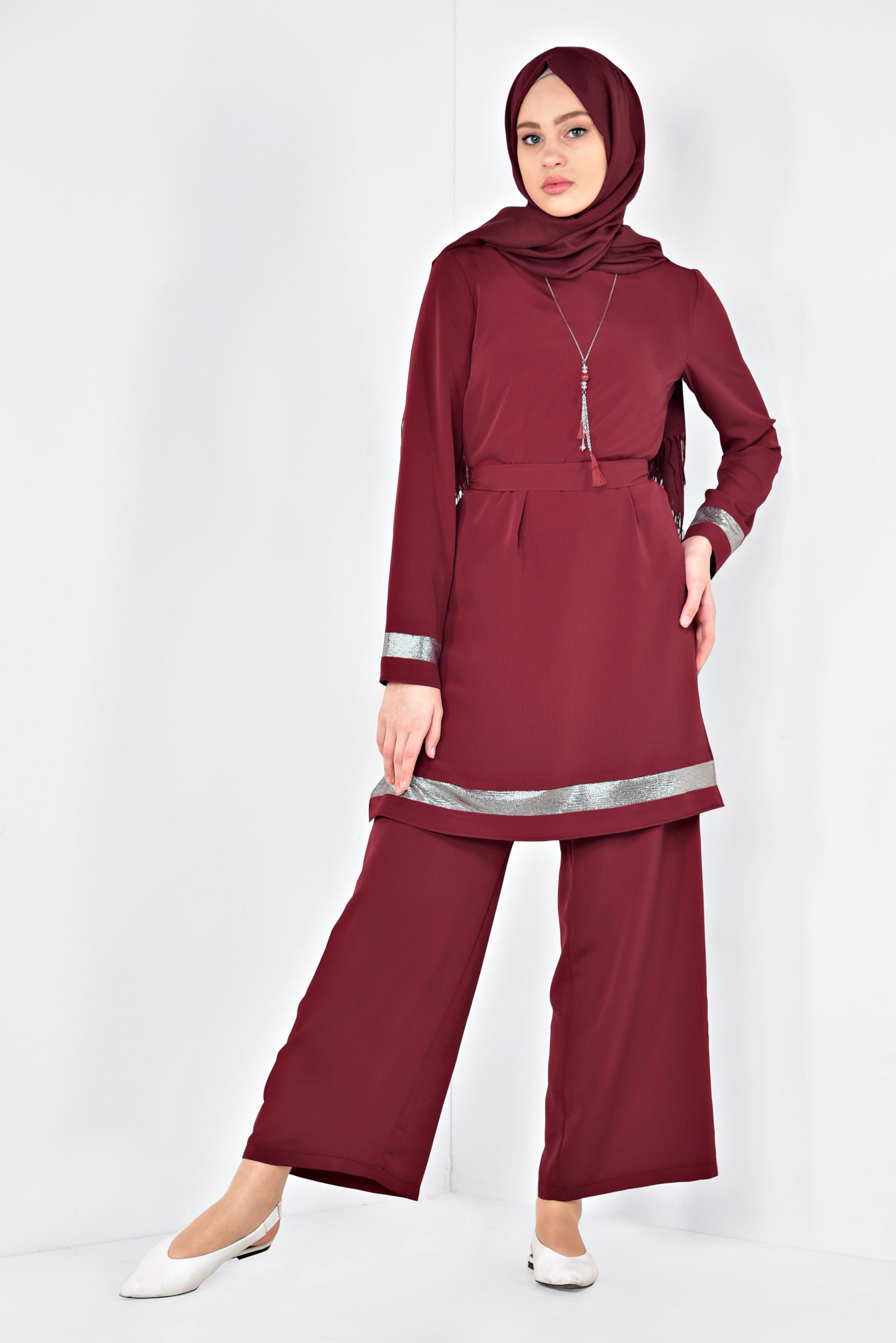 Tesettür giyim BORDO ŞERİTLİ YALDIZLI İKİLİ PANTOLONLU TAKIM 3509