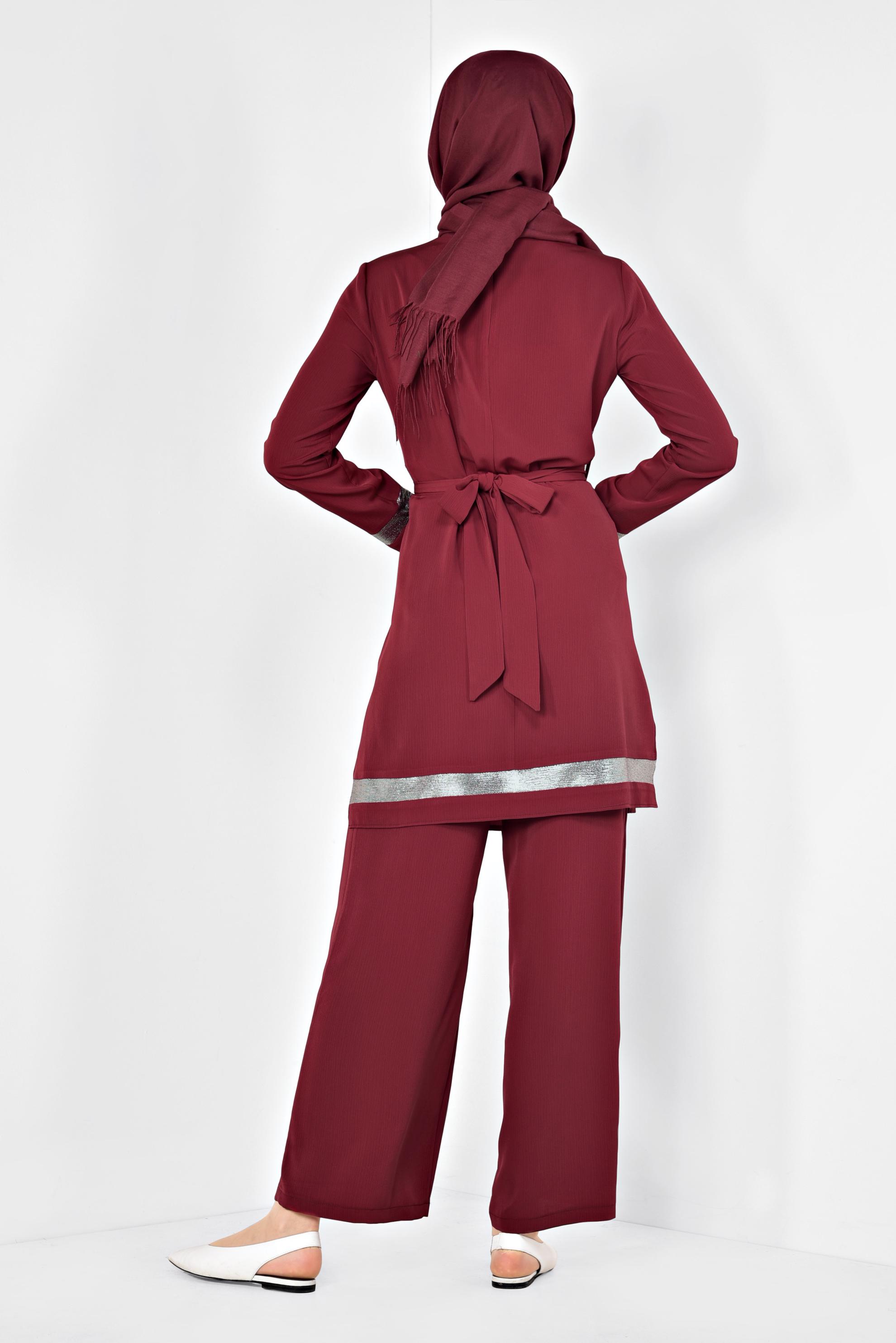 Tesettür giyim BORDO ŞERİTLİ YALDIZLI İKİLİ PANTOLONLU TAKIM 3509