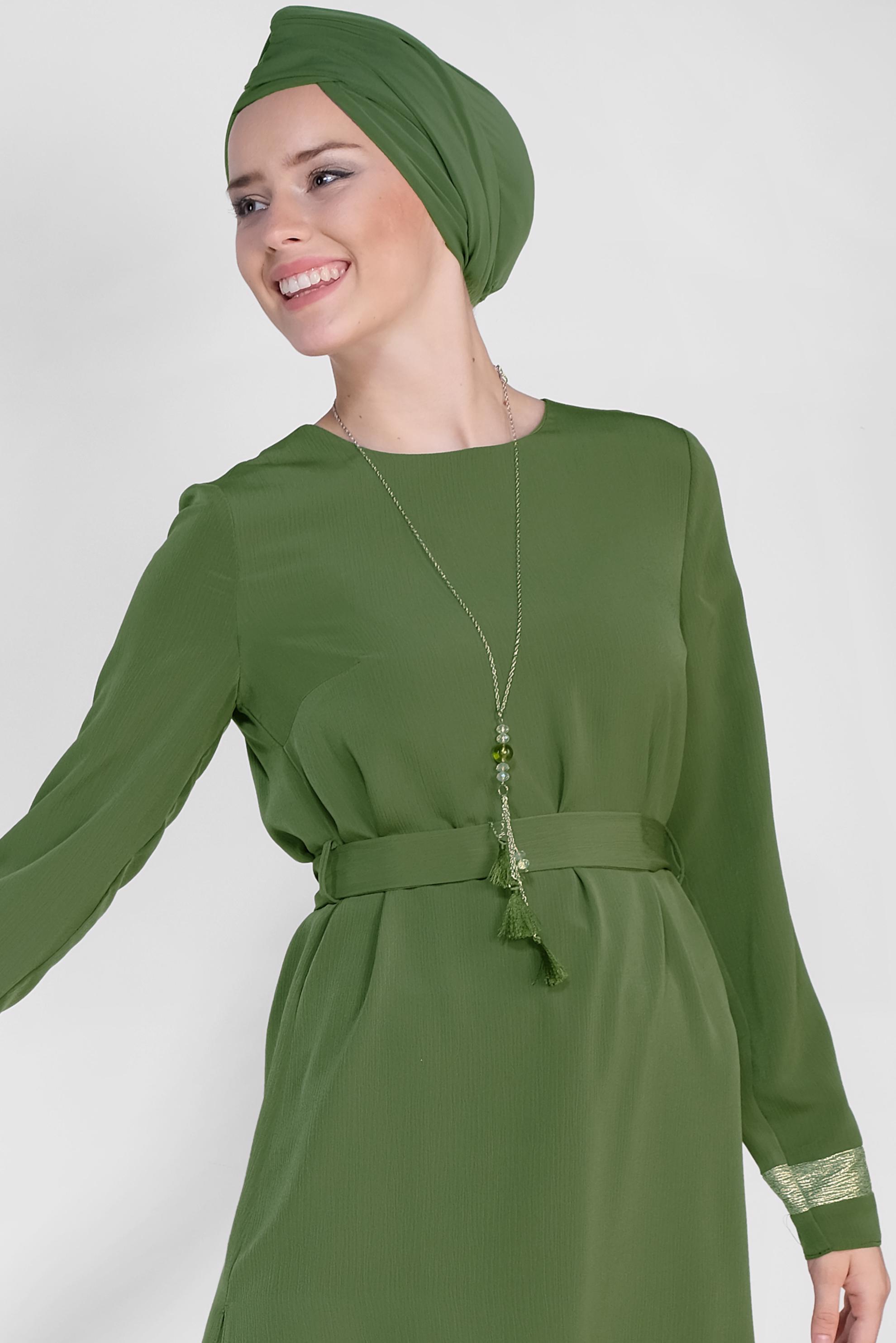 Tesettür giyim HAKİ ŞERİTLİ YALDIZLI İKİLİ PANTOLONLU TAKIM 3509