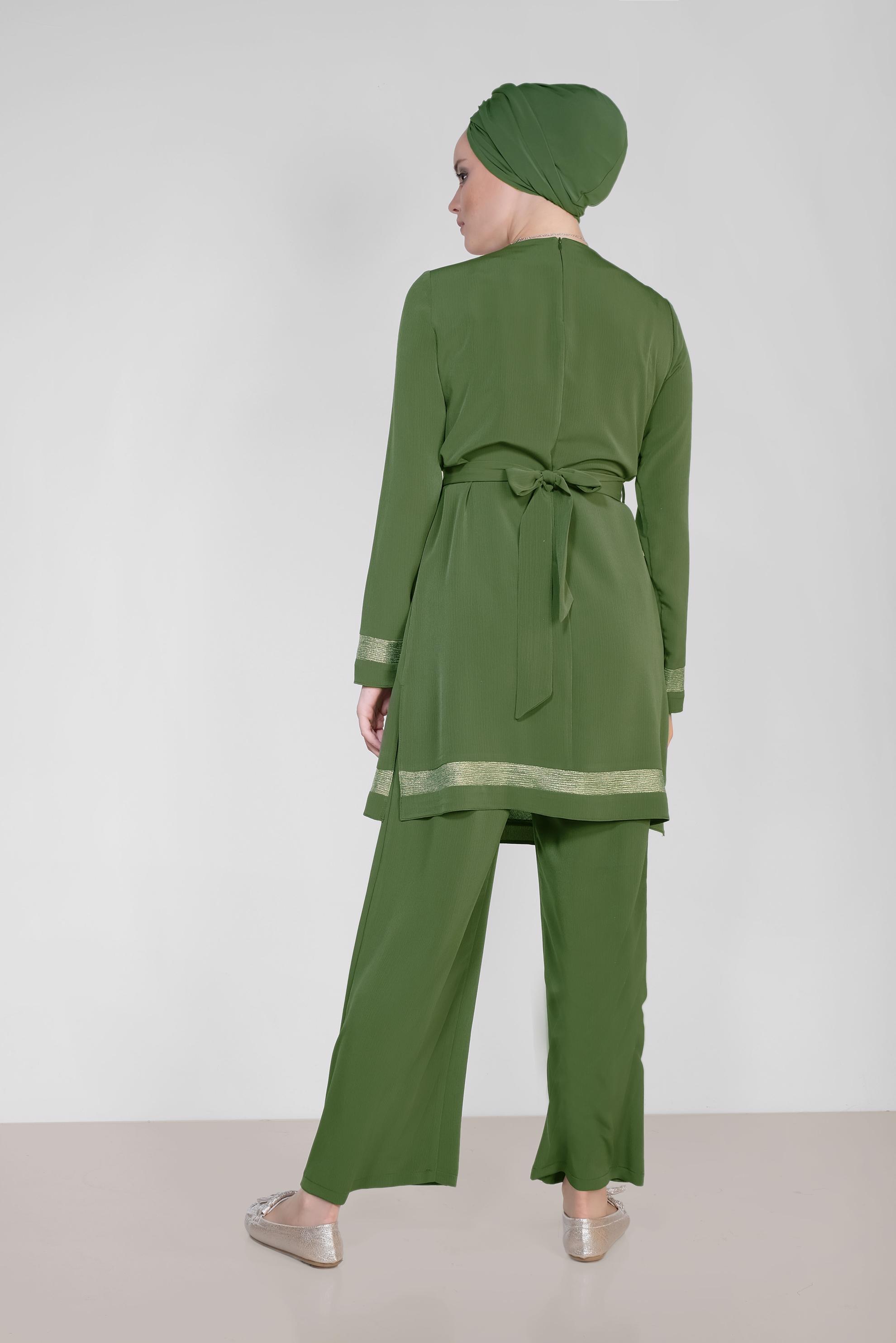 Tesettür giyim HAKİ ŞERİTLİ YALDIZLI İKİLİ PANTOLONLU TAKIM 3509