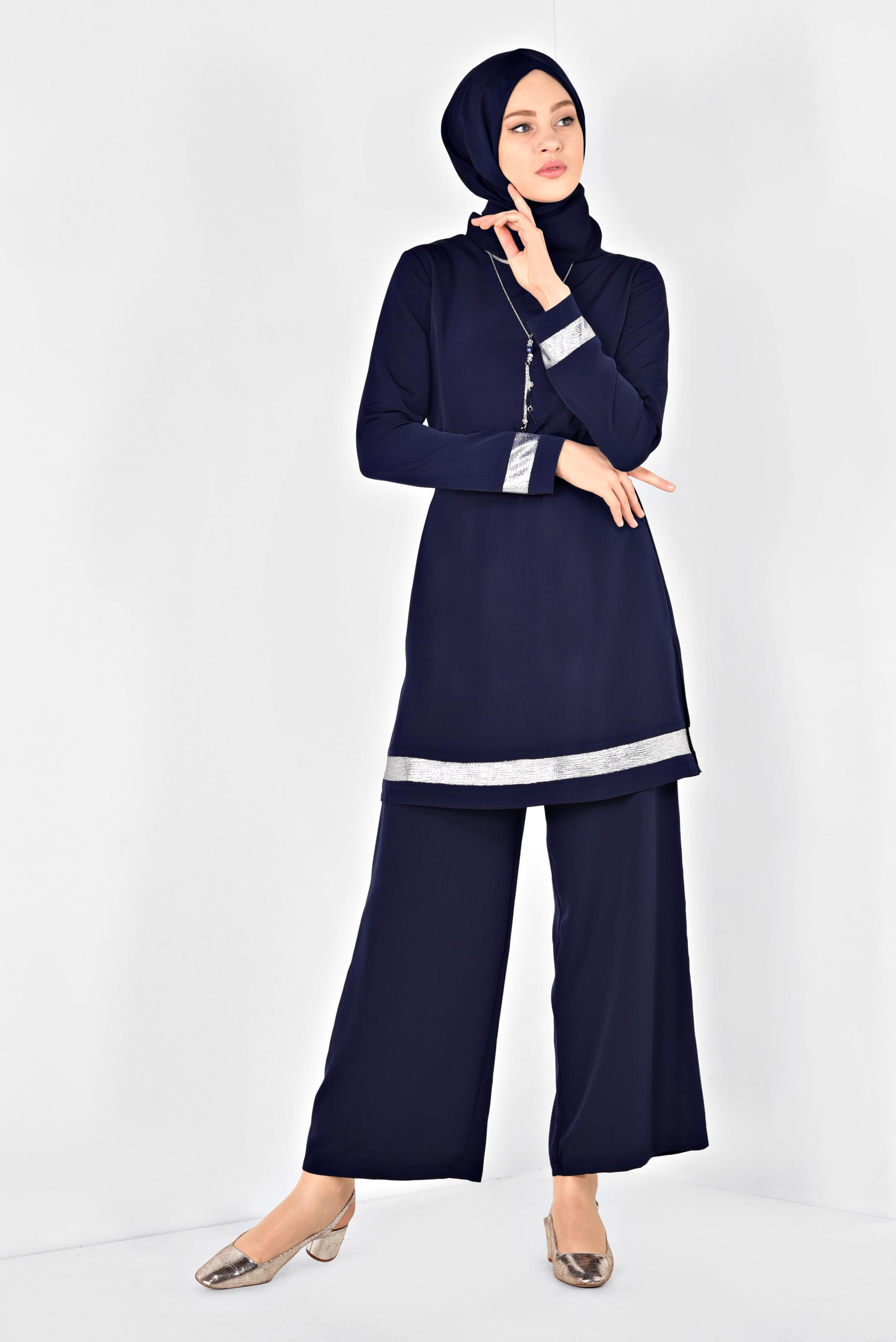Tesettür giyim LACİVERT ŞERİTLİ YALDIZLI İKİLİ PANTOLONLU TAKIM 3509