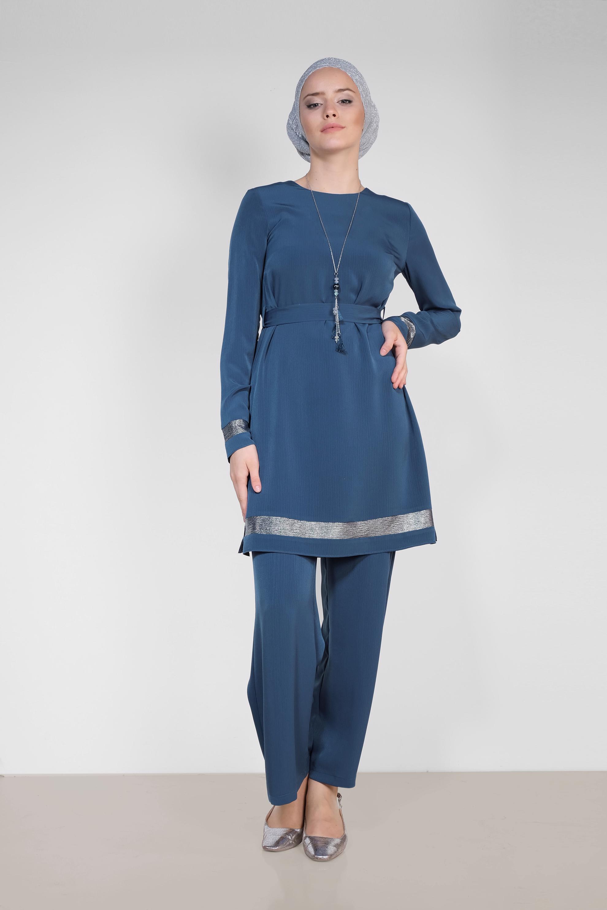 Tesettür giyim LACİVERT ŞERİTLİ YALDIZLI İKİLİ PANTOLONLU TAKIM 3509