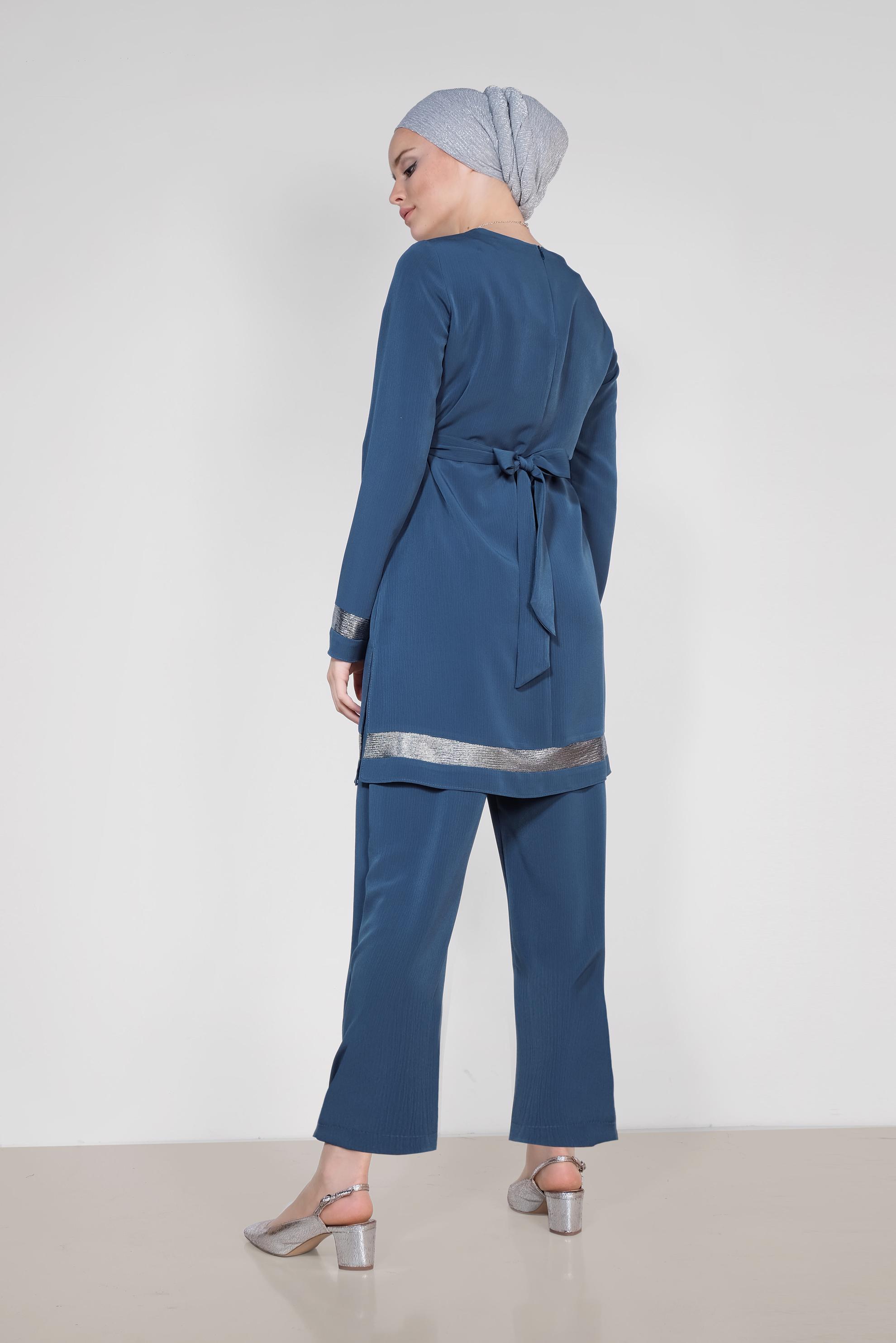 Tesettür giyim LACİVERT ŞERİTLİ YALDIZLI İKİLİ PANTOLONLU TAKIM 3509