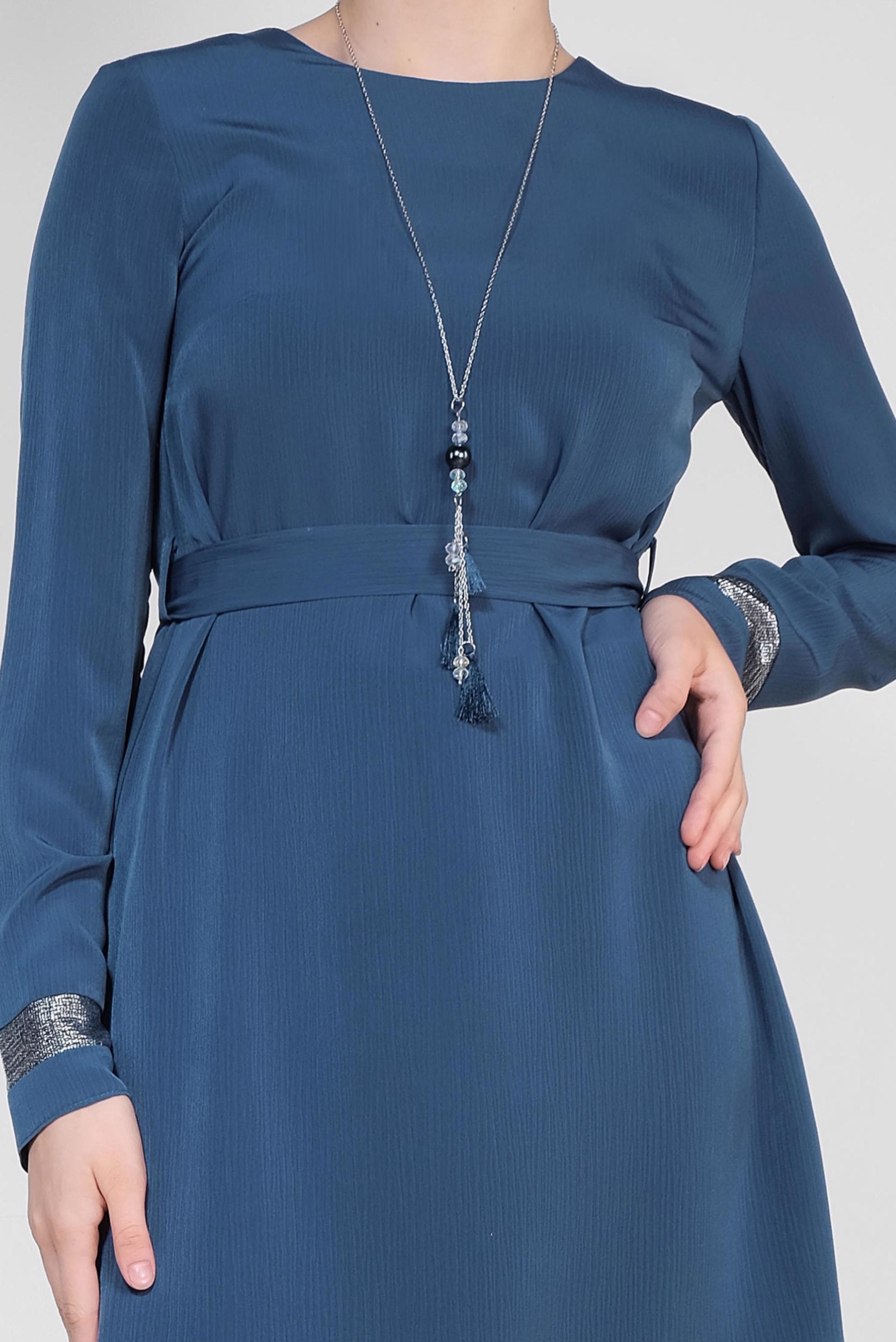 Tesettür giyim LACİVERT ŞERİTLİ YALDIZLI İKİLİ PANTOLONLU TAKIM 3509