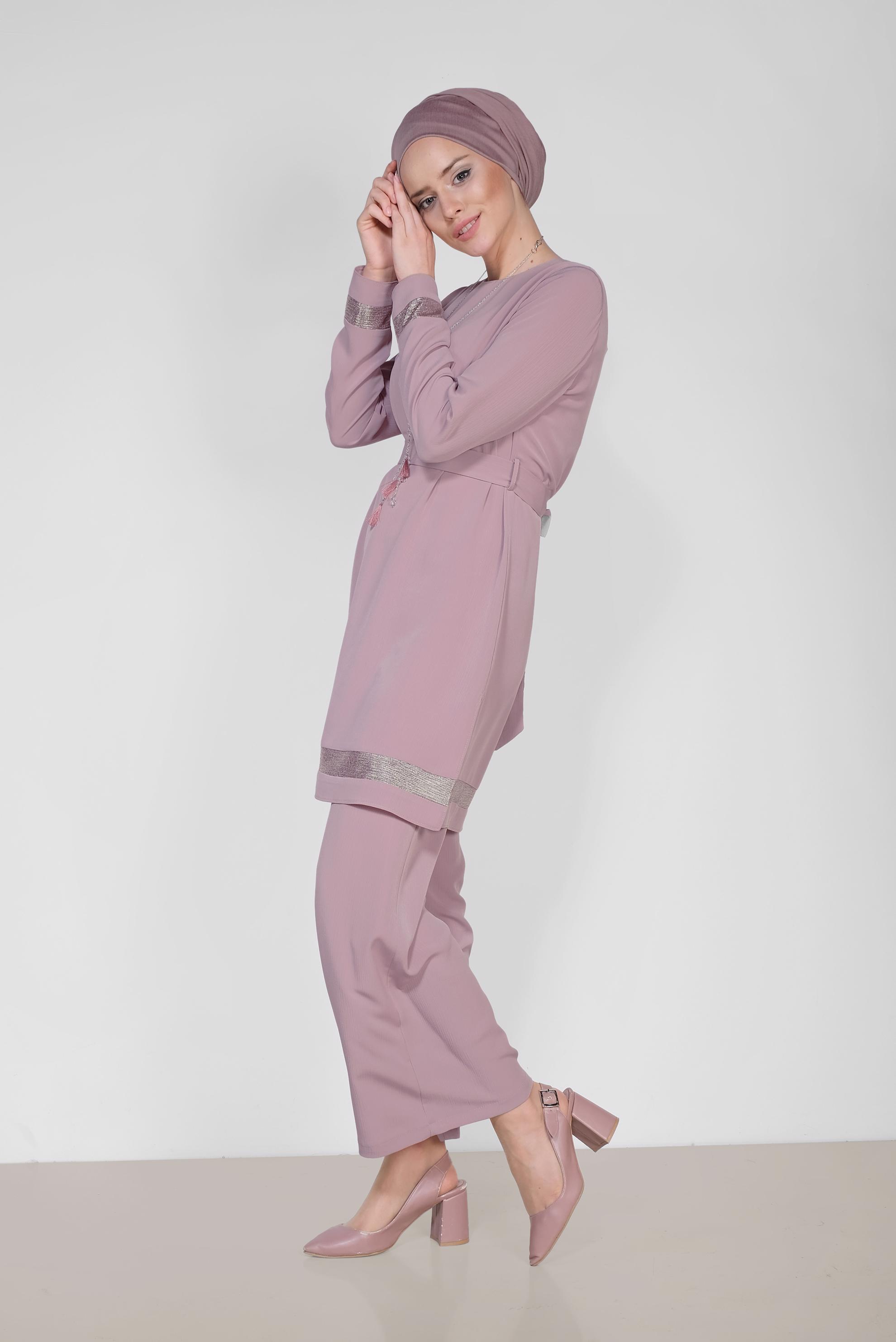 Tesettür giyim PEMBE ŞERİTLİ YALDIZLI İKİLİ PANTOLONLU TAKIM 3509