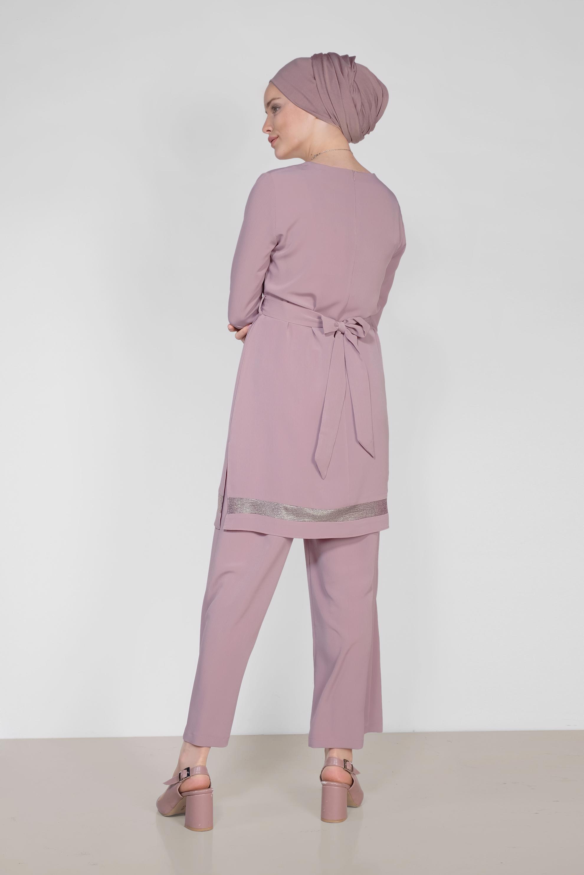 Tesettür giyim PEMBE ŞERİTLİ YALDIZLI İKİLİ PANTOLONLU TAKIM 3509