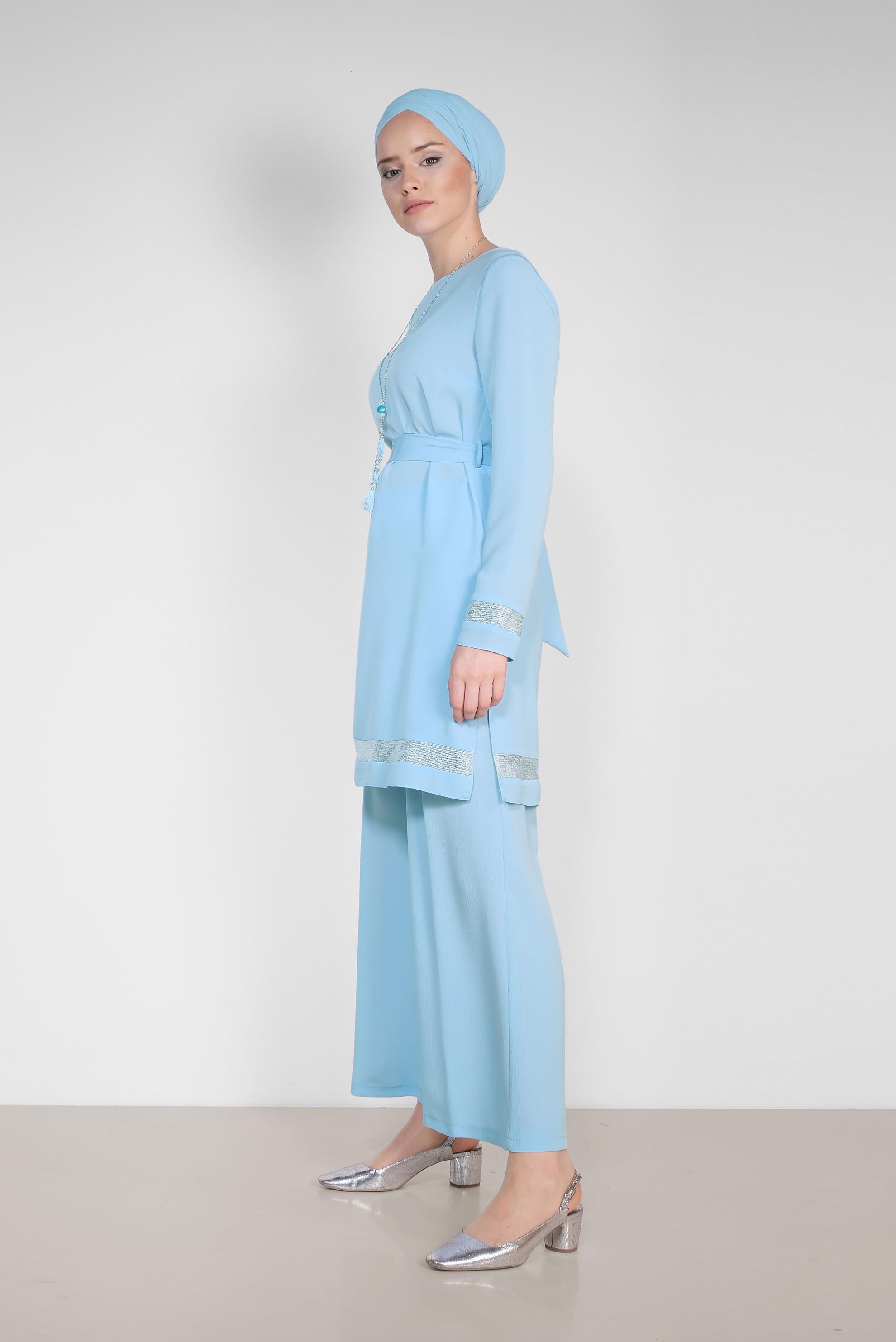 Tesettür giyim MAVİ ŞERİTLİ YALDIZLI İKİLİ PANTOLONLU TAKIM 3509