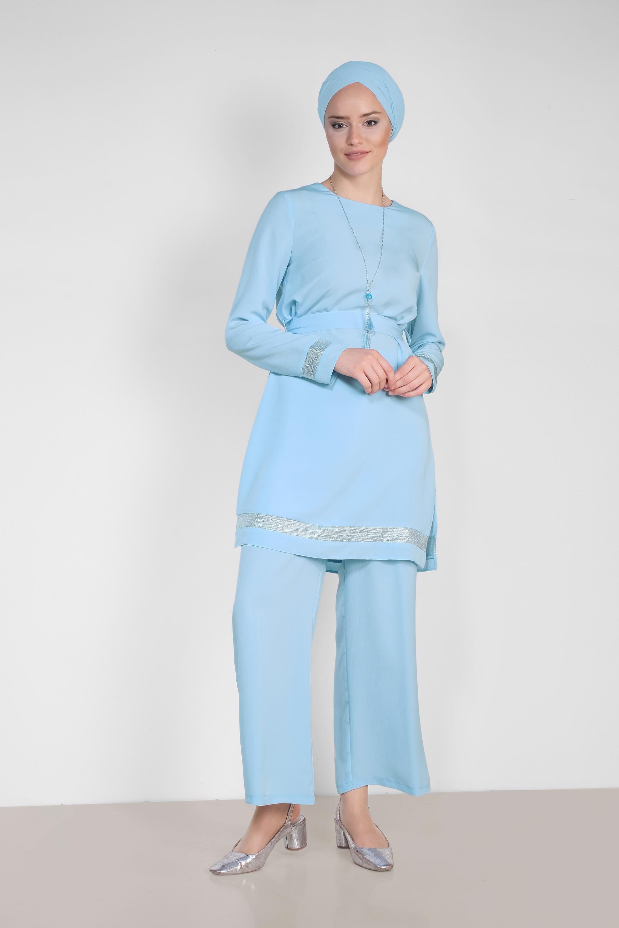 Tesettür giyim MAVİ ŞERİTLİ YALDIZLI İKİLİ PANTOLONLU TAKIM 3509