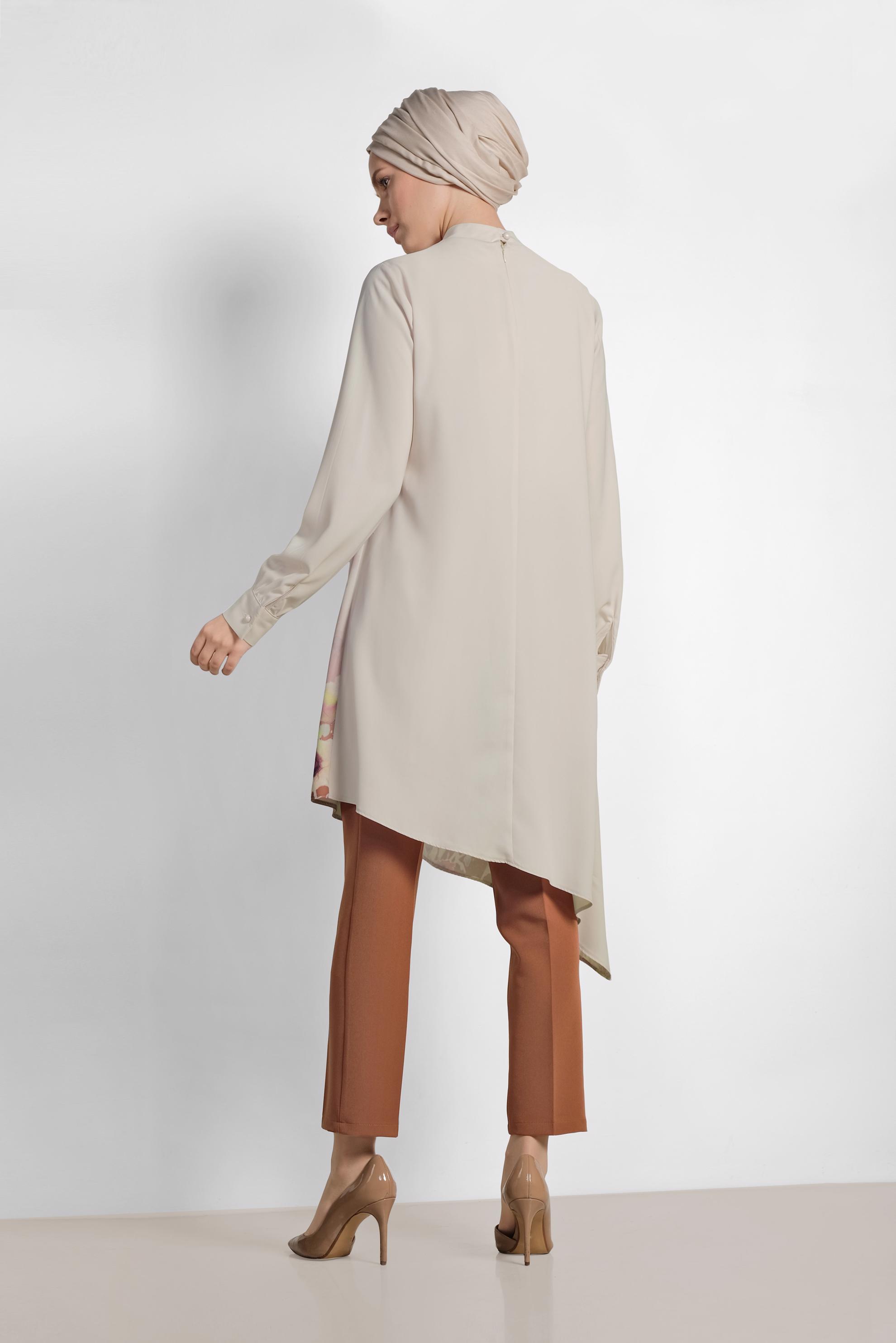 Tesettür giyim EKRU YAKASI BAĞCIKLI ETEK UCU FLORAL DESENLİ PANTOLONLU TAKIM 3510