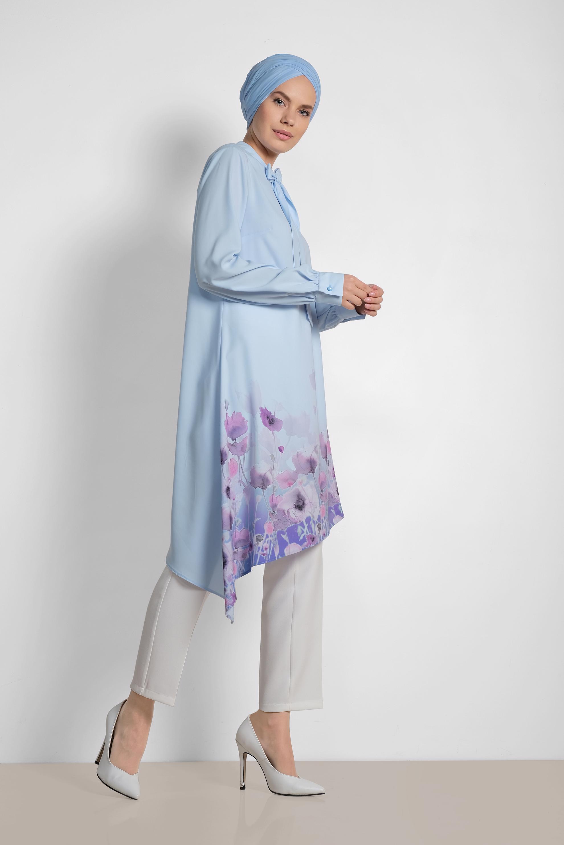 Tesettür giyim MAVİ YAKASI BAĞCIKLI ETEK UCU FLORAL DESENLİ PANTOLONLU TAKIM 3510