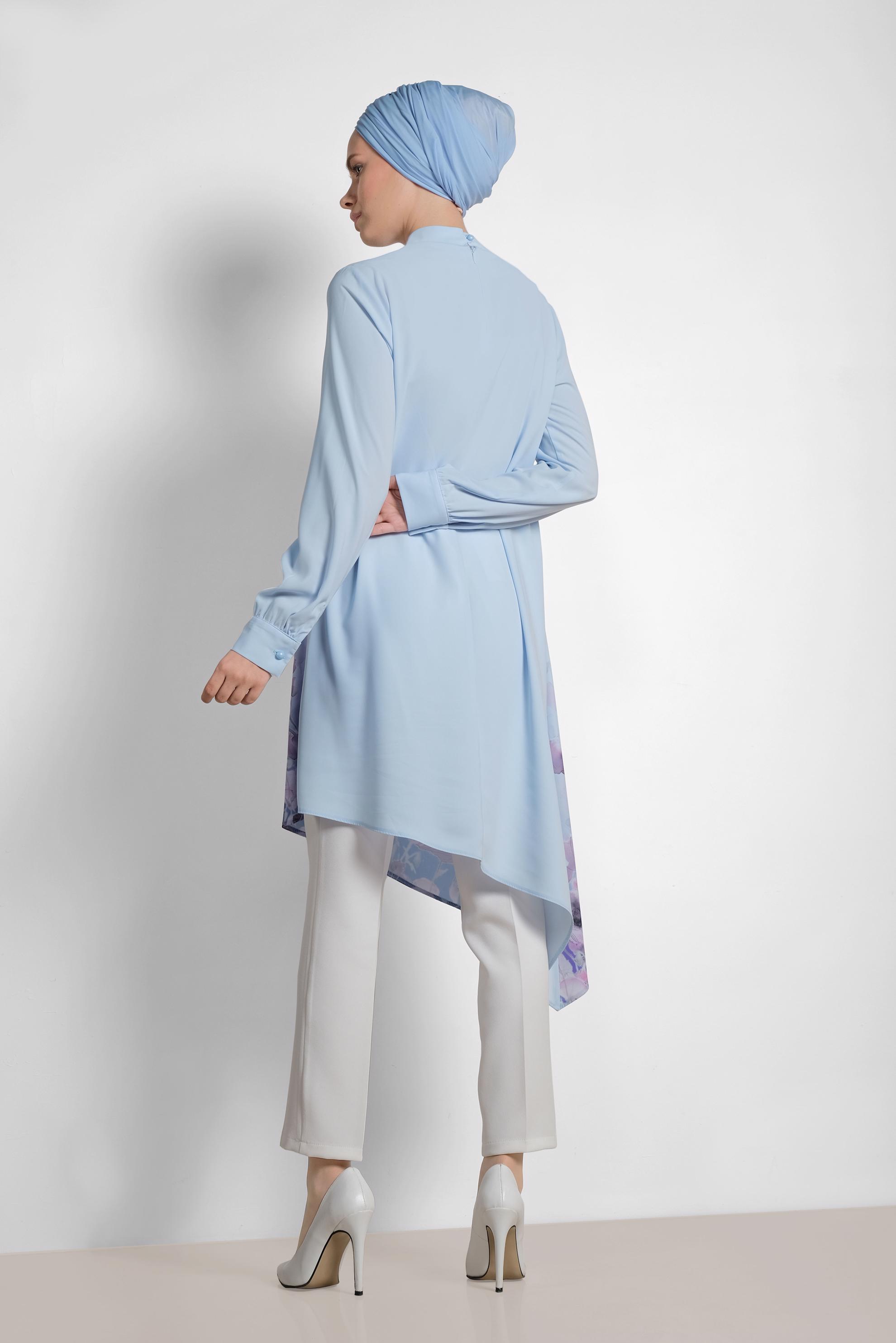 Tesettür giyim MAVİ YAKASI BAĞCIKLI ETEK UCU FLORAL DESENLİ PANTOLONLU TAKIM 3510