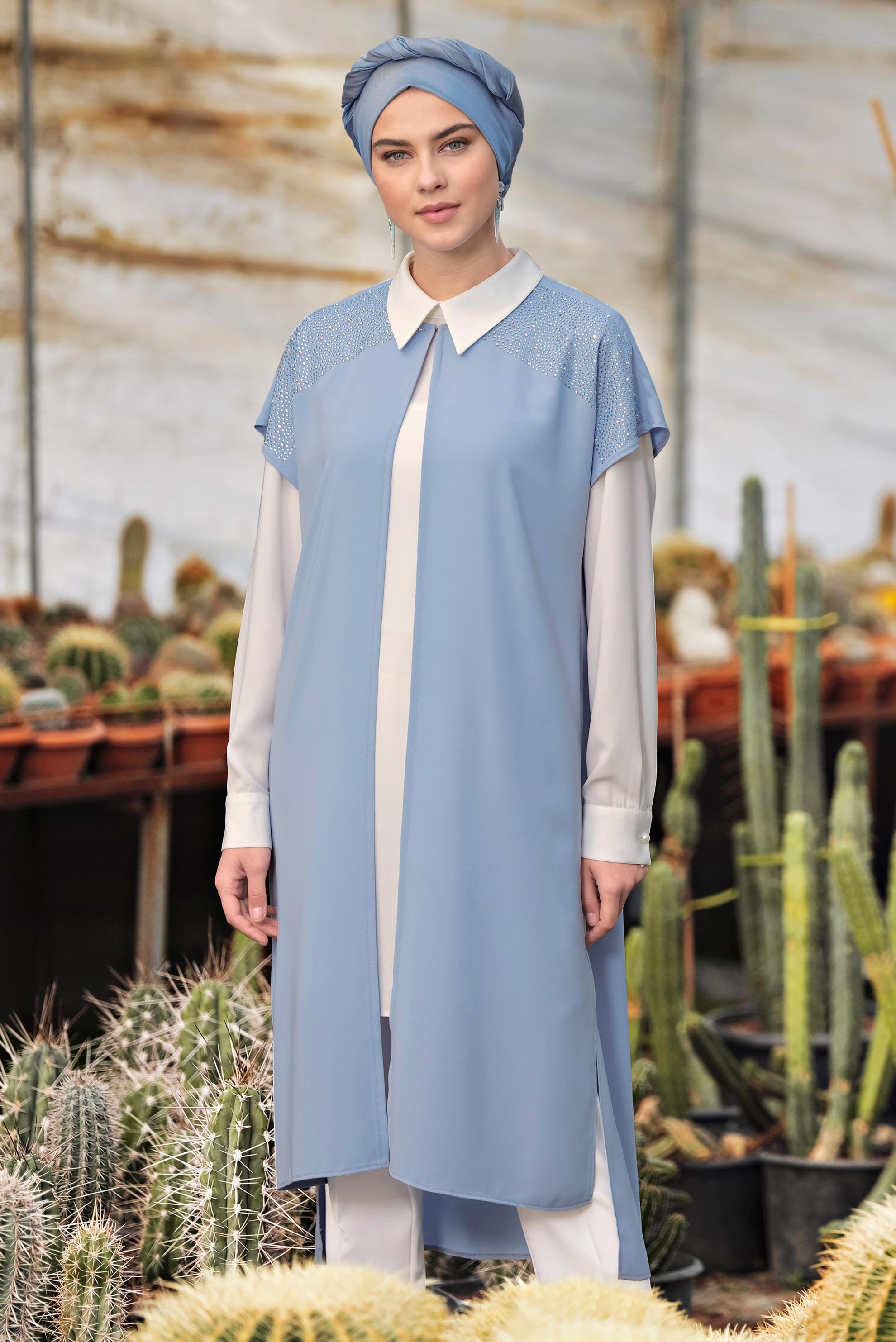 Tesettür giyim MAVİ TAŞ DETAYLI KADIN TESETTÜR ÜÇLÜ PANTOLONLU TAKIM 3512