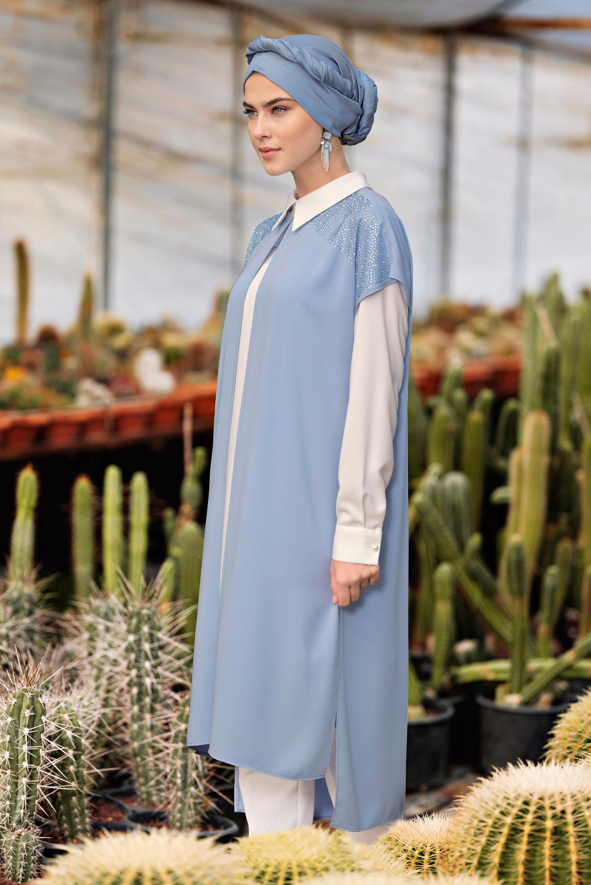 Tesettür giyim MAVİ TAŞ DETAYLI KADIN TESETTÜR ÜÇLÜ PANTOLONLU TAKIM 3512