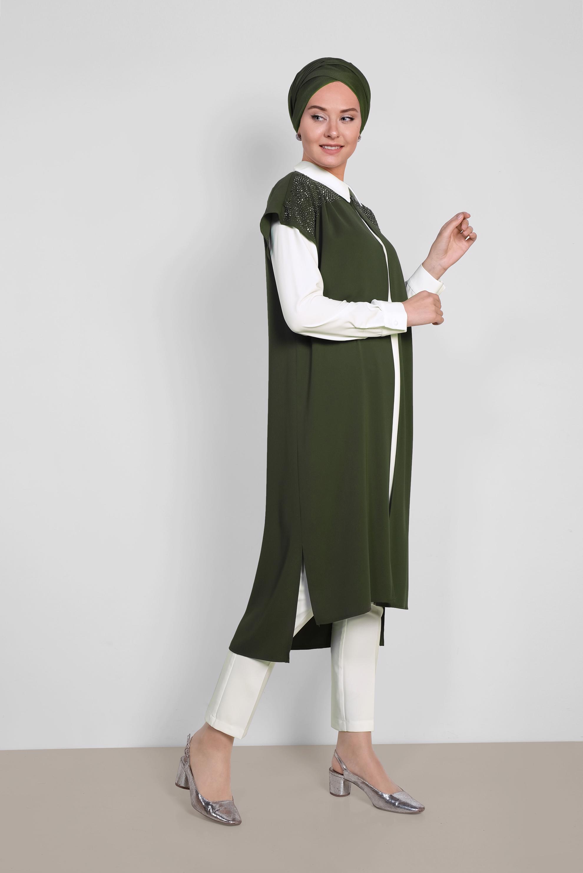 Tesettür giyim HAKİ TAŞ DETAYLI KADIN TESETTÜR ÜÇLÜ PANTOLONLU TAKIM 3512