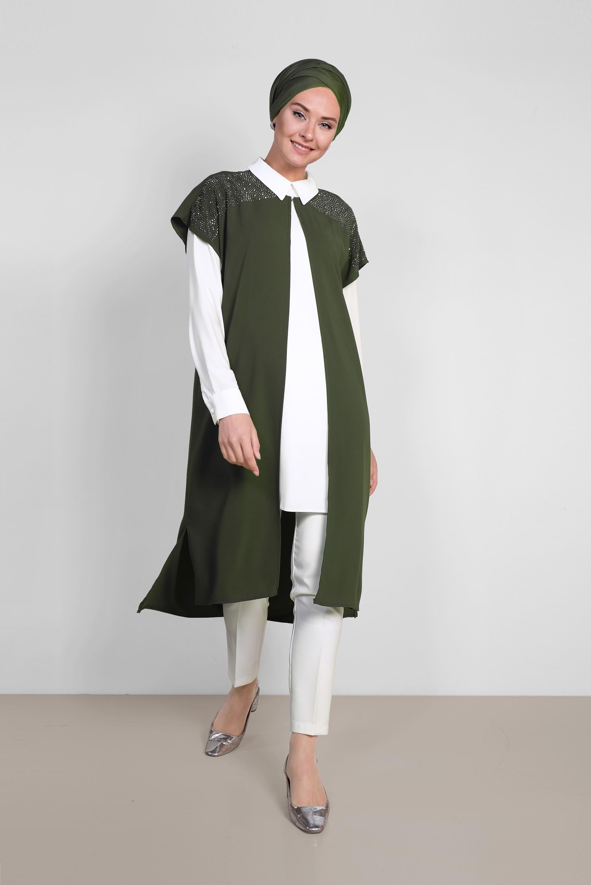 Tesettür giyim HAKİ TAŞ DETAYLI KADIN TESETTÜR ÜÇLÜ PANTOLONLU TAKIM 3512