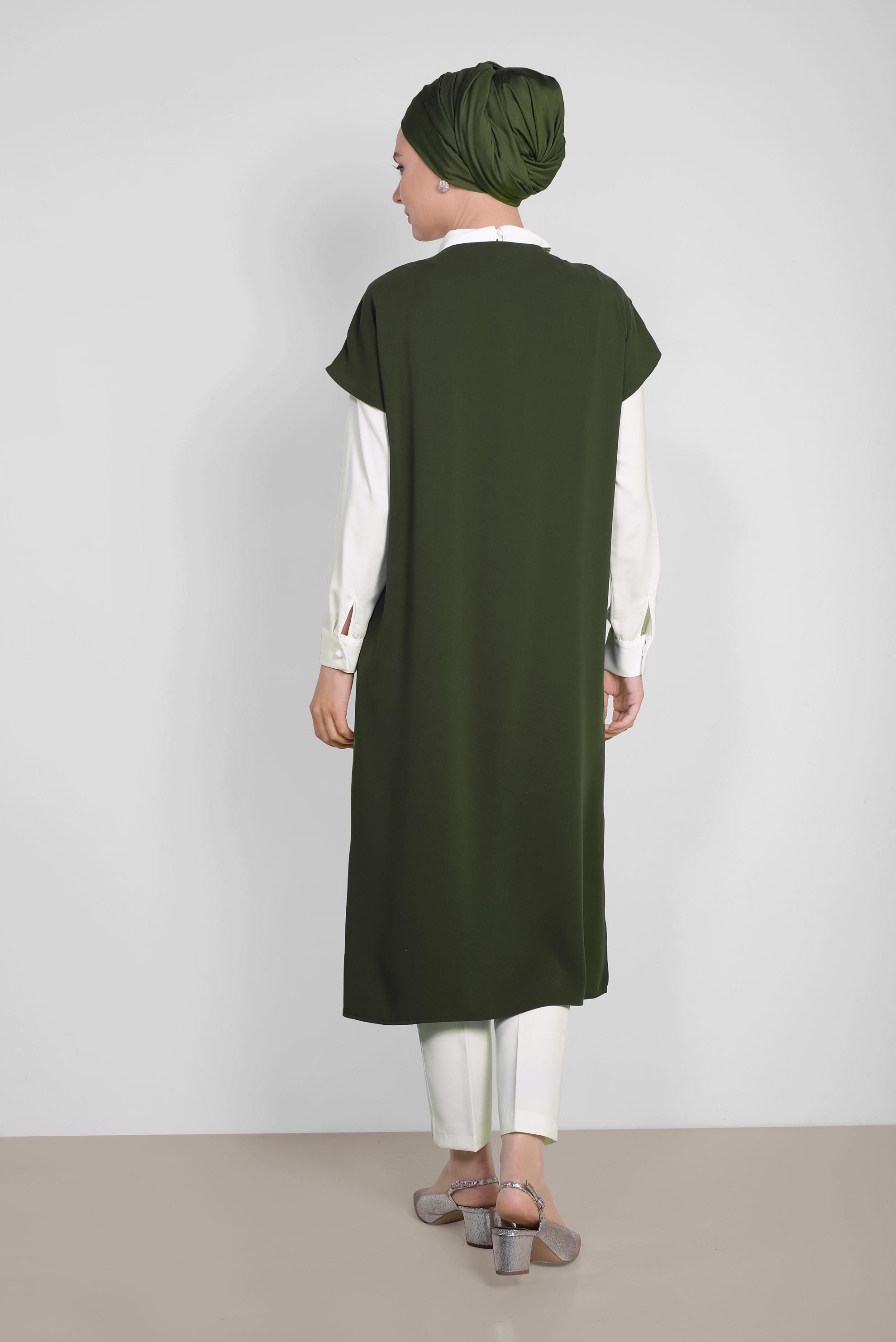 Tesettür giyim HAKİ TAŞ DETAYLI KADIN TESETTÜR ÜÇLÜ PANTOLONLU TAKIM 3512