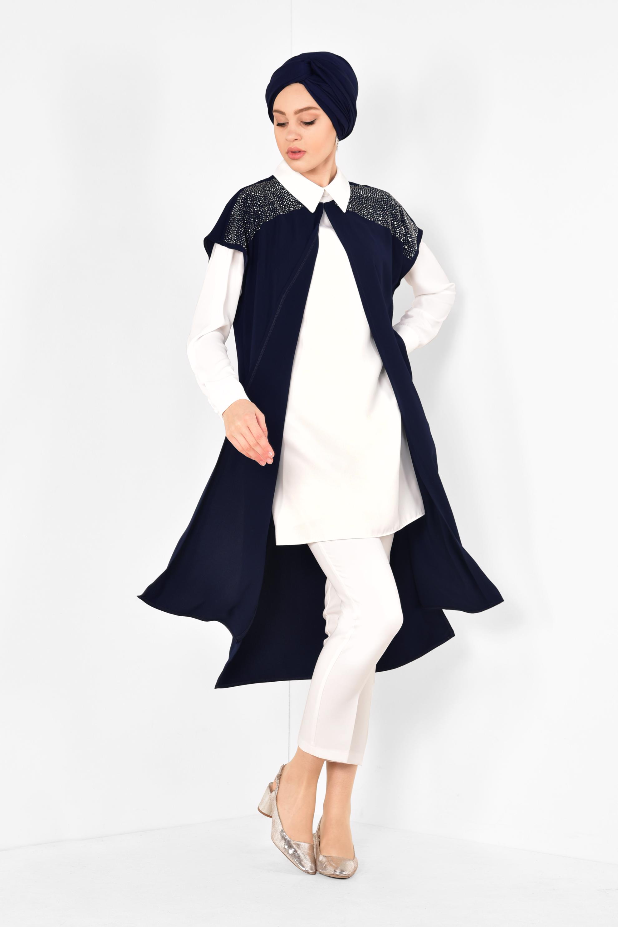 Tesettür giyim LACİVERT TAŞ DETAYLI KADIN TESETTÜR ÜÇLÜ PANTOLONLU TAKIM 3512