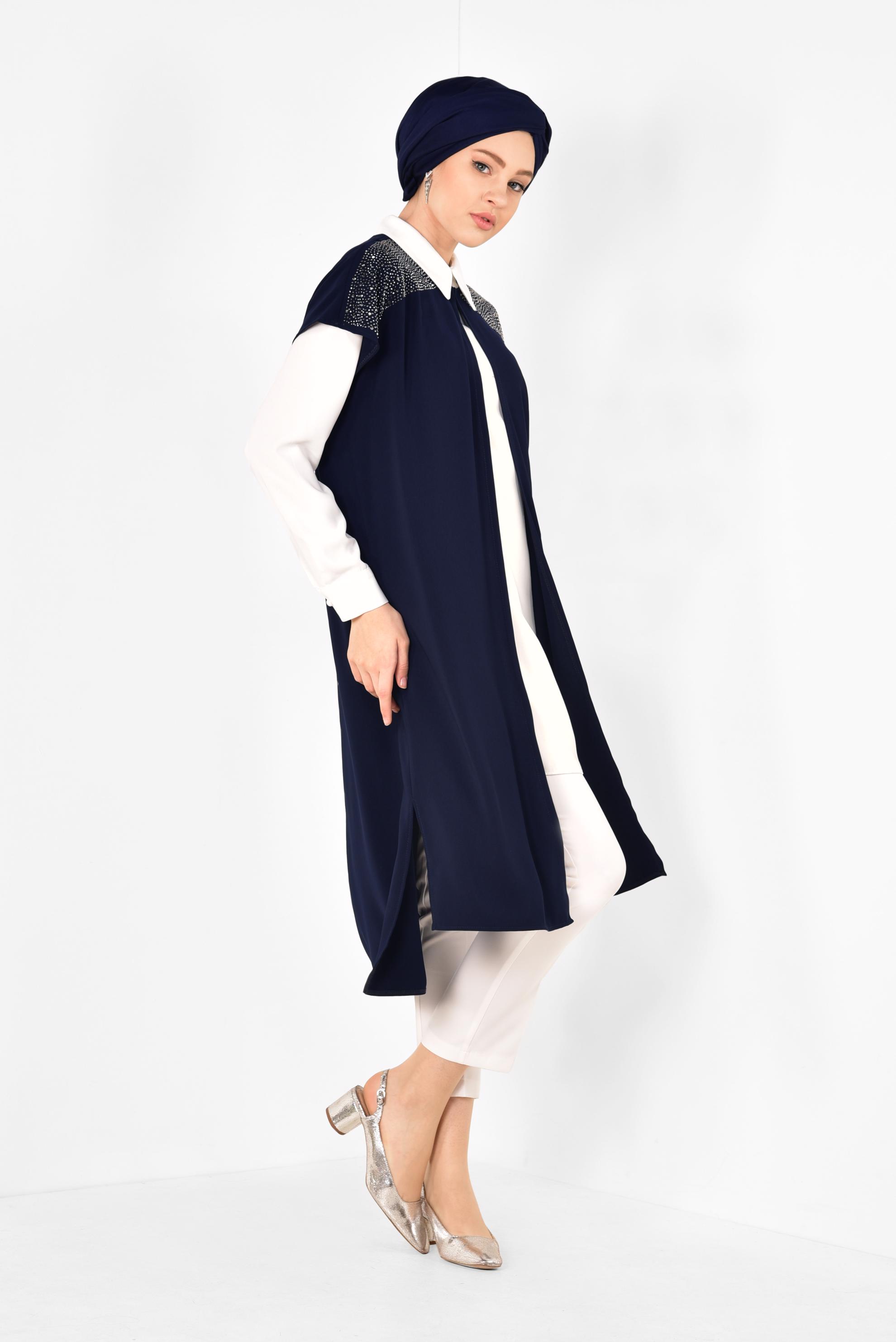 Tesettür giyim LACİVERT TAŞ DETAYLI KADIN TESETTÜR ÜÇLÜ PANTOLONLU TAKIM 3512