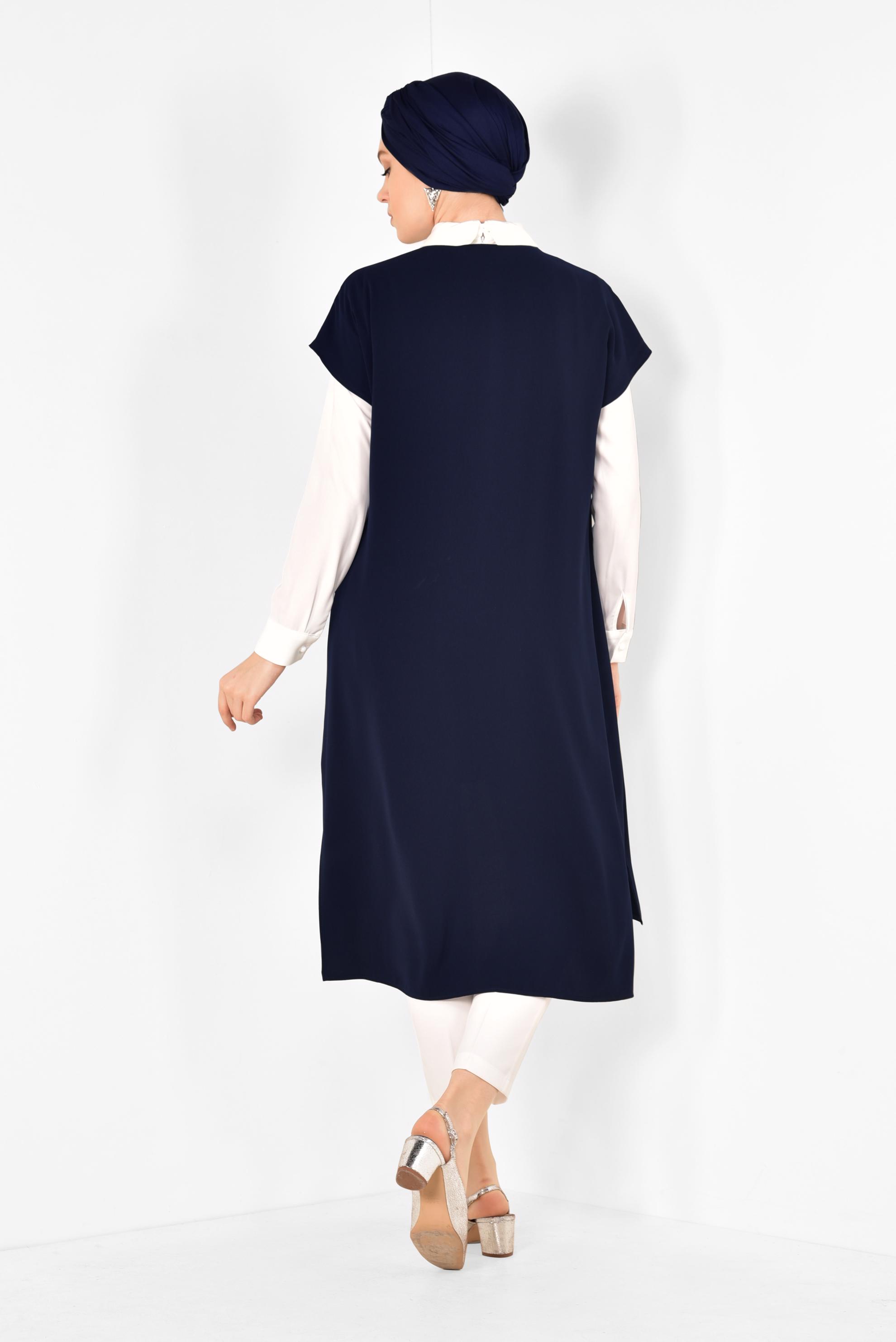 Tesettür giyim LACİVERT TAŞ DETAYLI KADIN TESETTÜR ÜÇLÜ PANTOLONLU TAKIM 3512