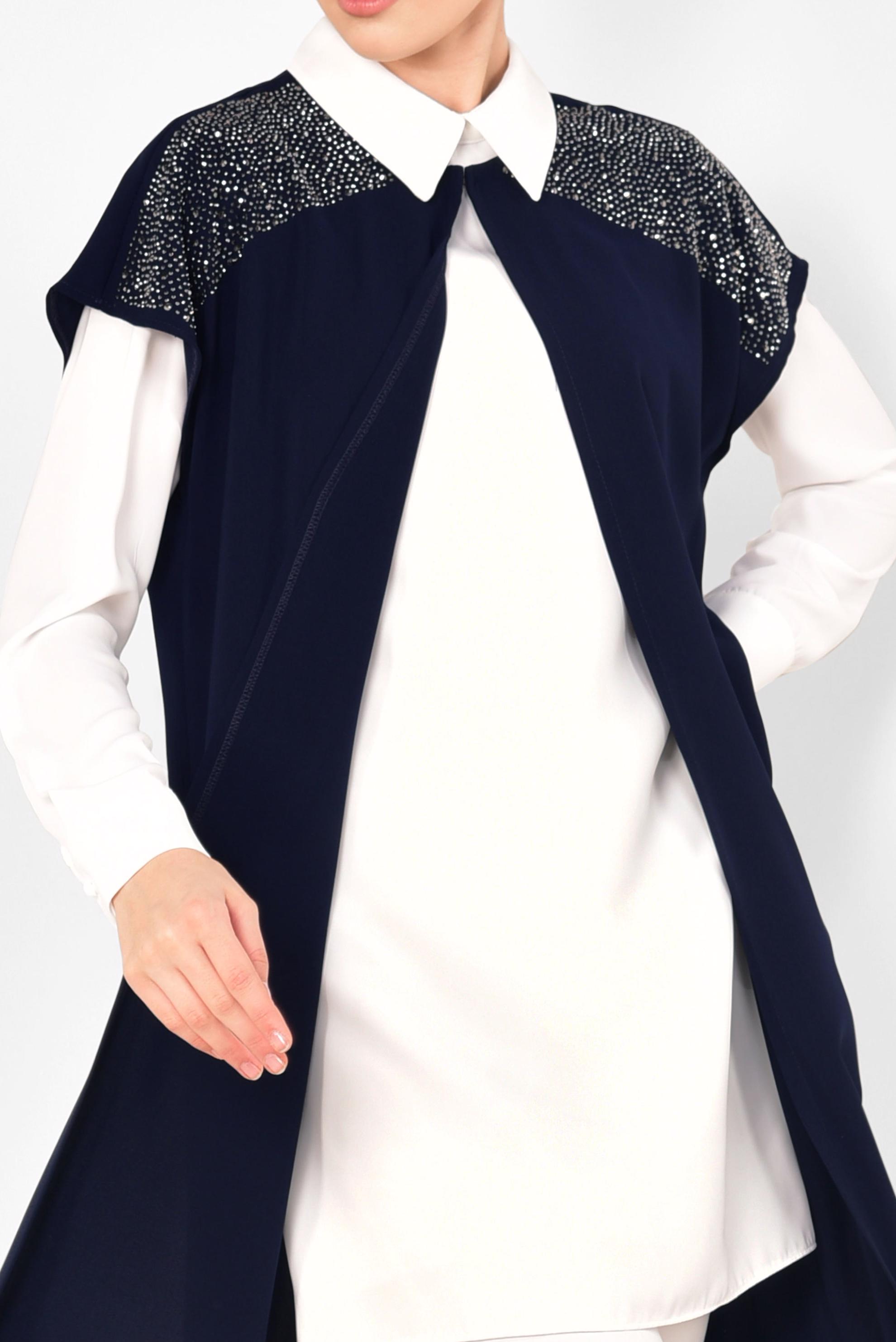 Tesettür giyim LACİVERT TAŞ DETAYLI KADIN TESETTÜR ÜÇLÜ PANTOLONLU TAKIM 3512