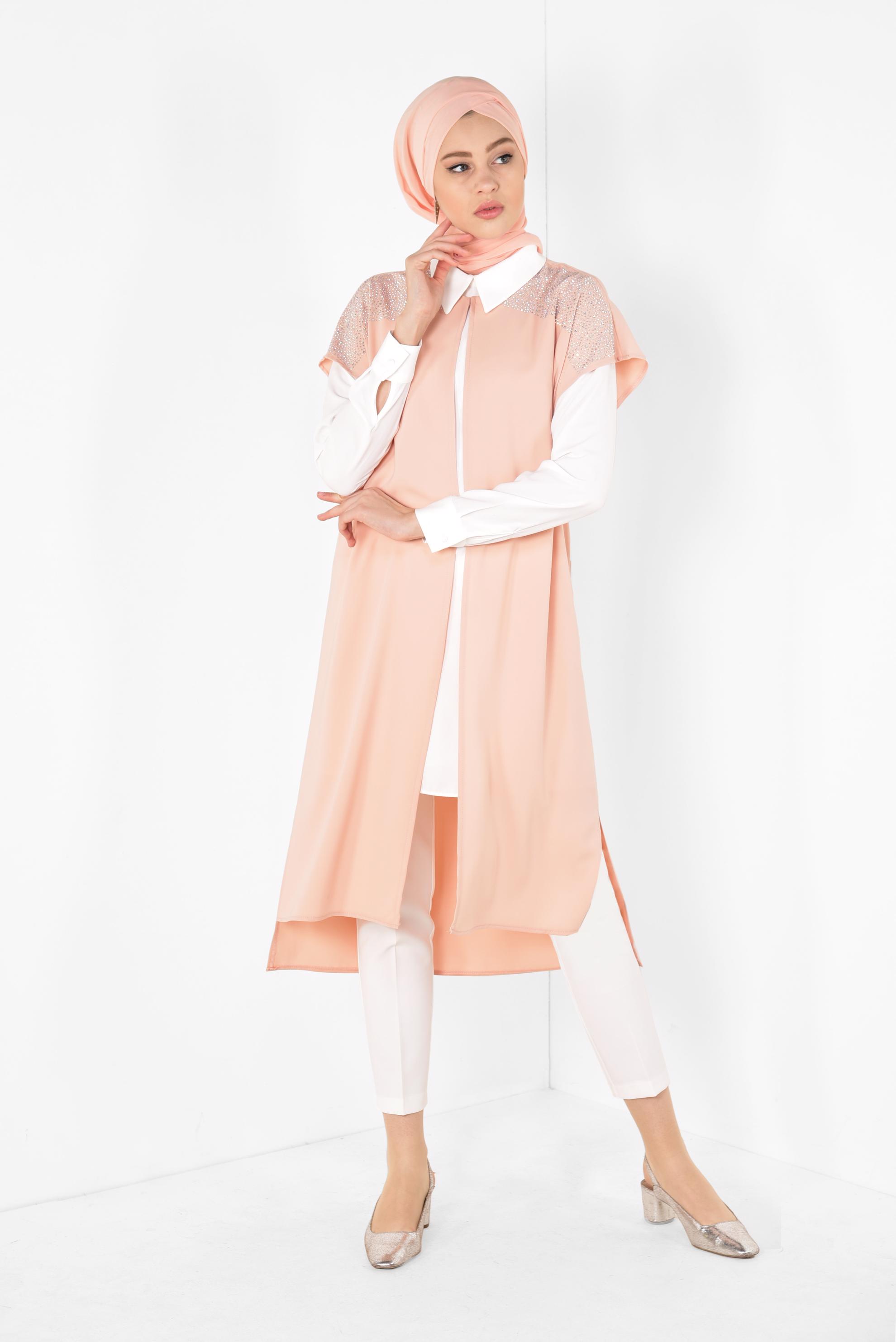 Tesettür giyim PUDRA TAŞ DETAYLI KADIN TESETTÜR ÜÇLÜ PANTOLONLU TAKIM 3512