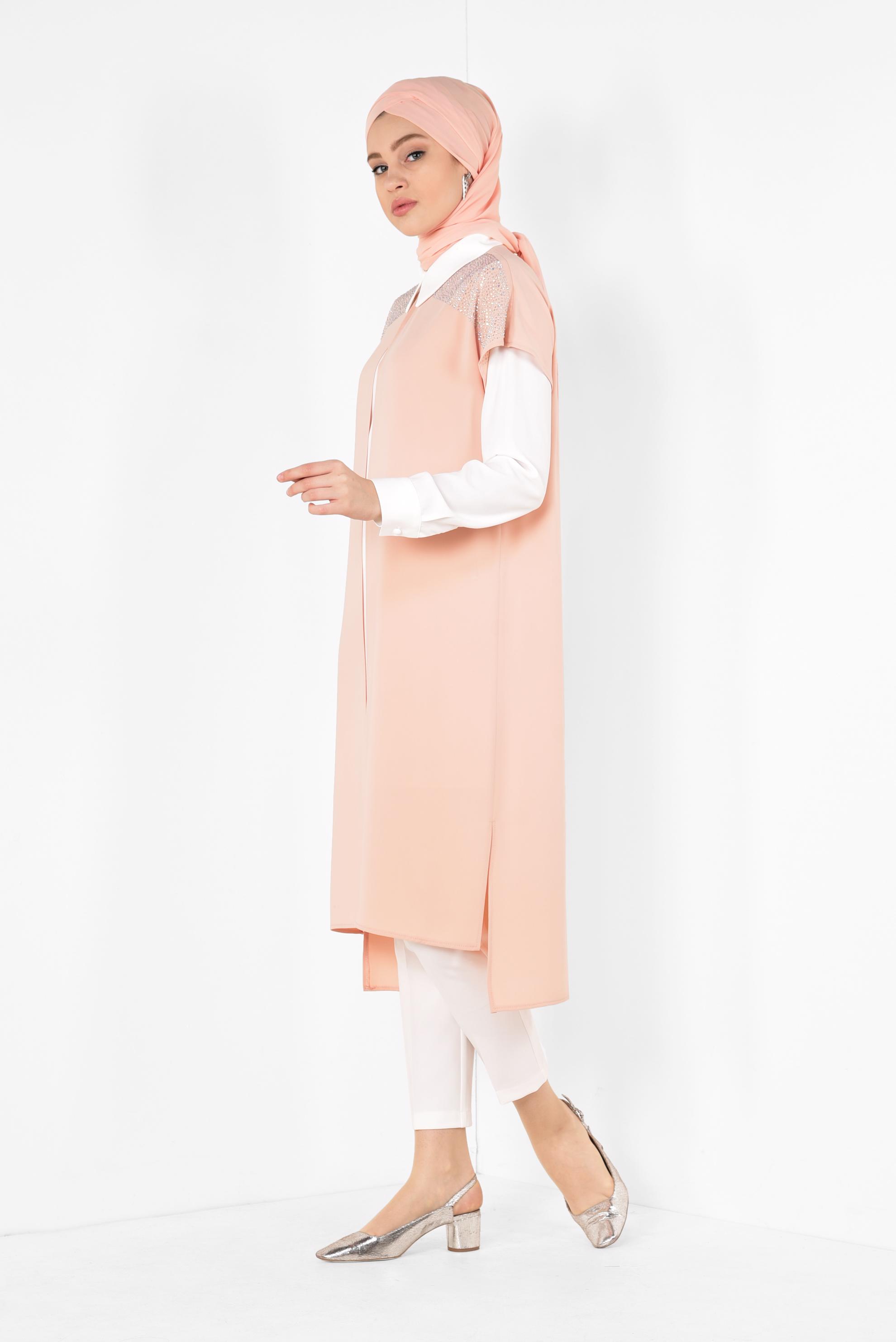 Tesettür giyim PUDRA TAŞ DETAYLI KADIN TESETTÜR ÜÇLÜ PANTOLONLU TAKIM 3512
