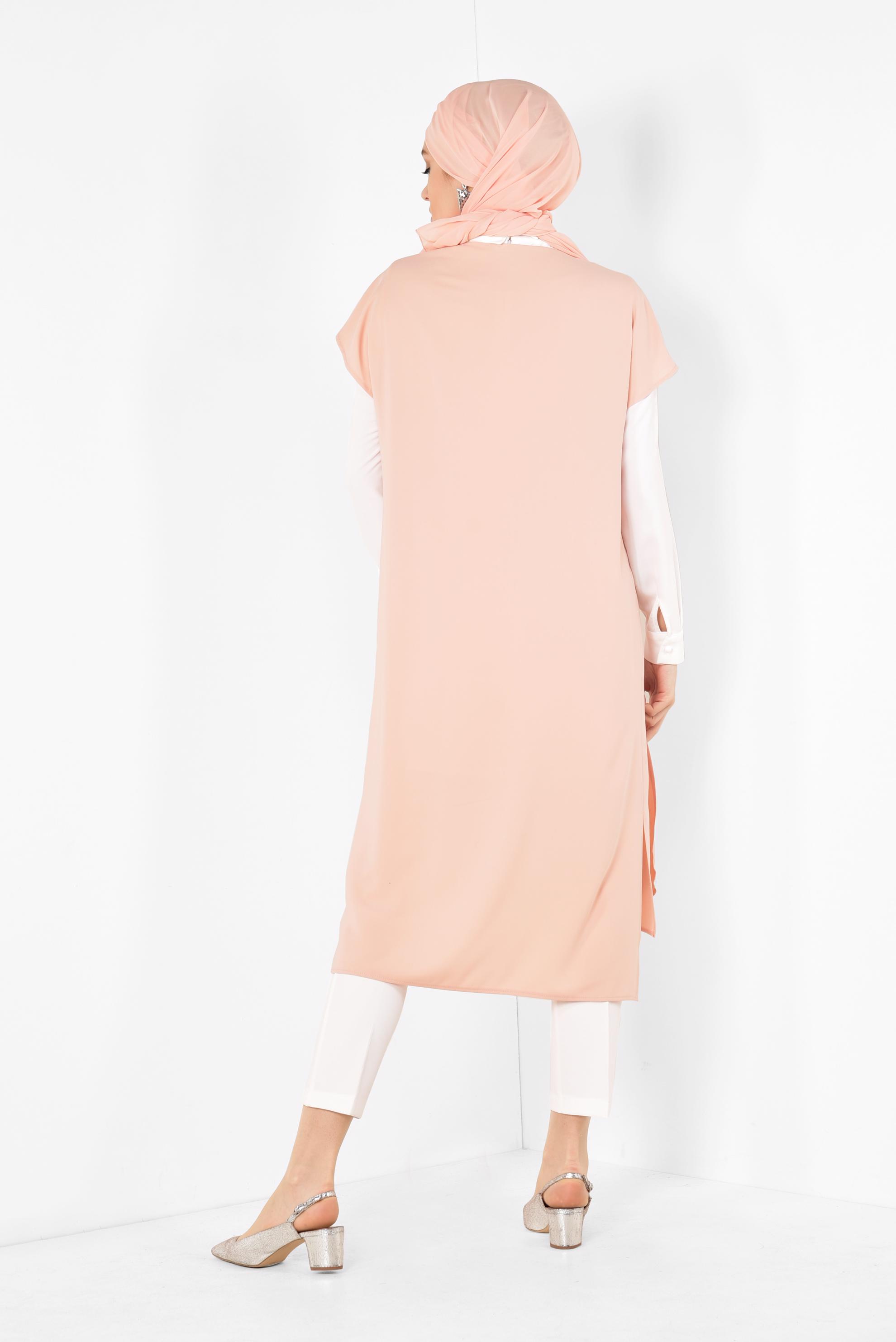 Tesettür giyim PUDRA TAŞ DETAYLI KADIN TESETTÜR ÜÇLÜ PANTOLONLU TAKIM 3512