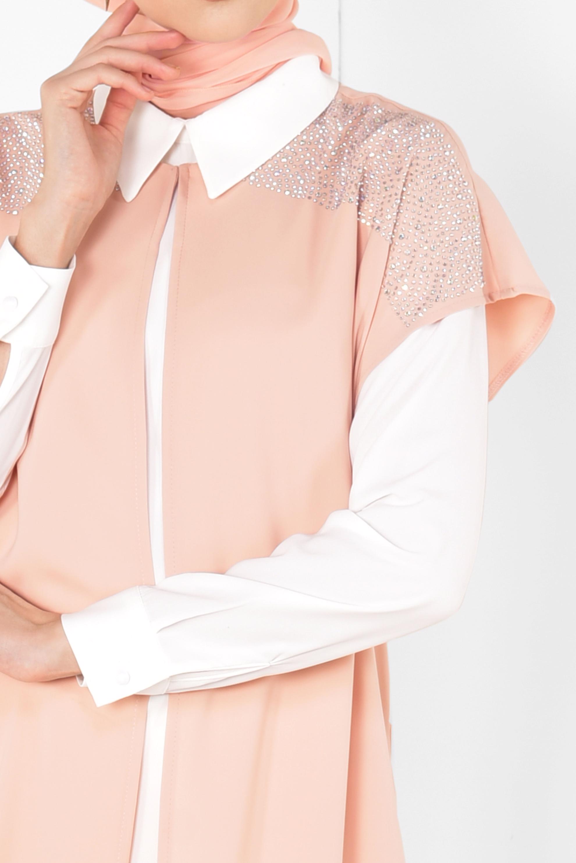 Tesettür giyim PUDRA TAŞ DETAYLI KADIN TESETTÜR ÜÇLÜ PANTOLONLU TAKIM 3512