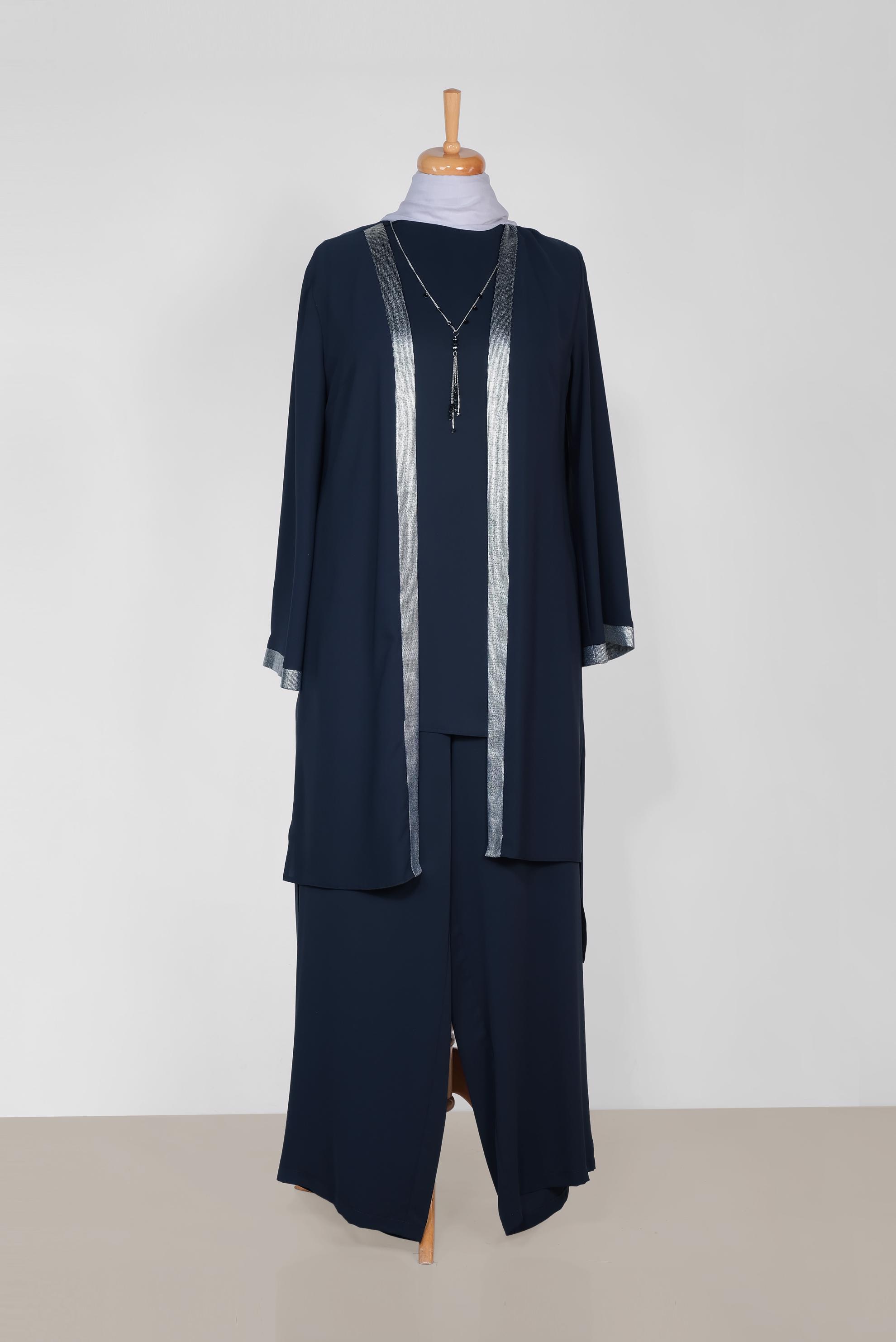 Tesettür giyim LACİVERT YALDIZ DETAYLI ÜÇLÜ PANT. TAKIM 3518 