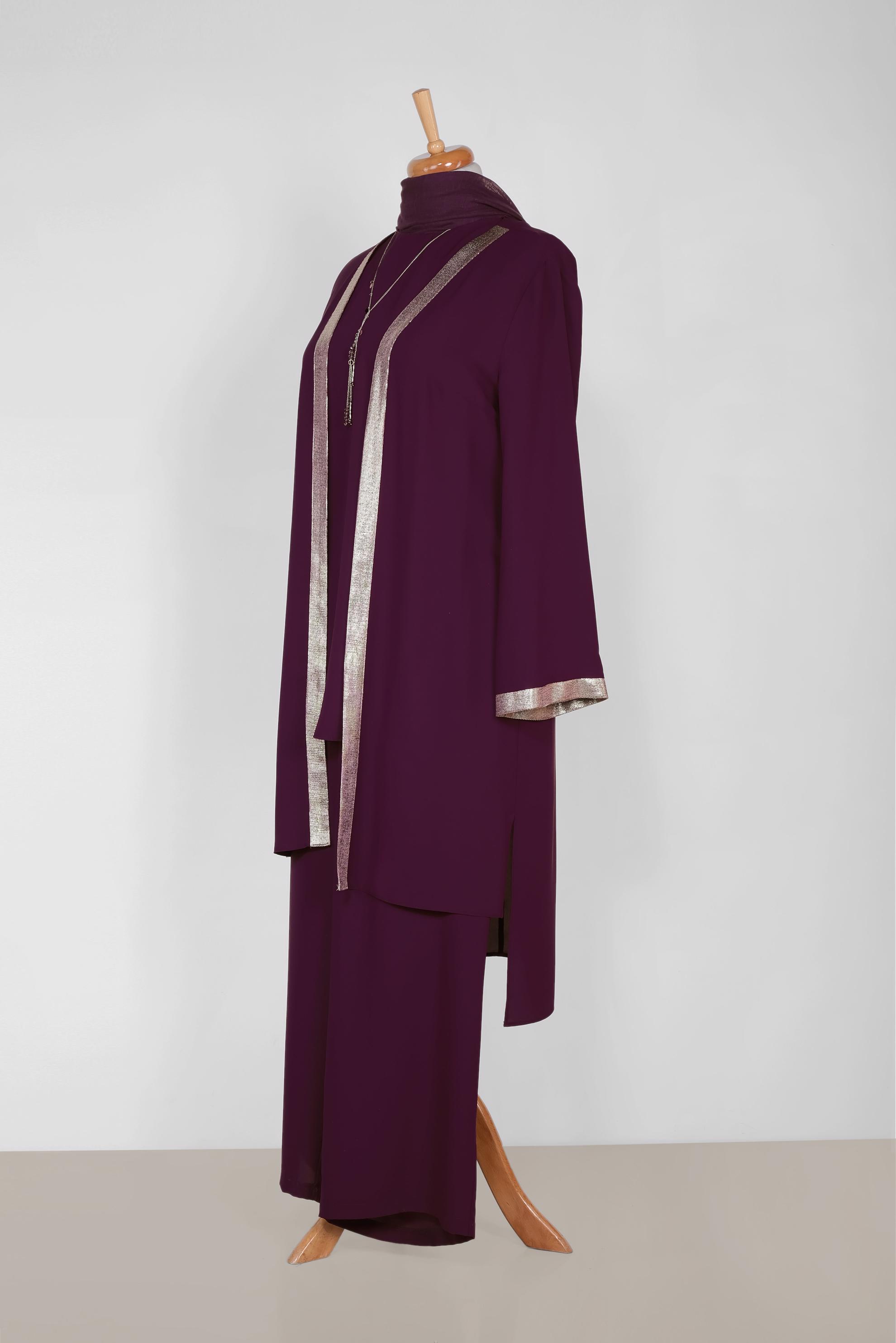 Hijab clothing CLARET RED GILD DETAIL 3-PIECE PANTS SUIT 3518 