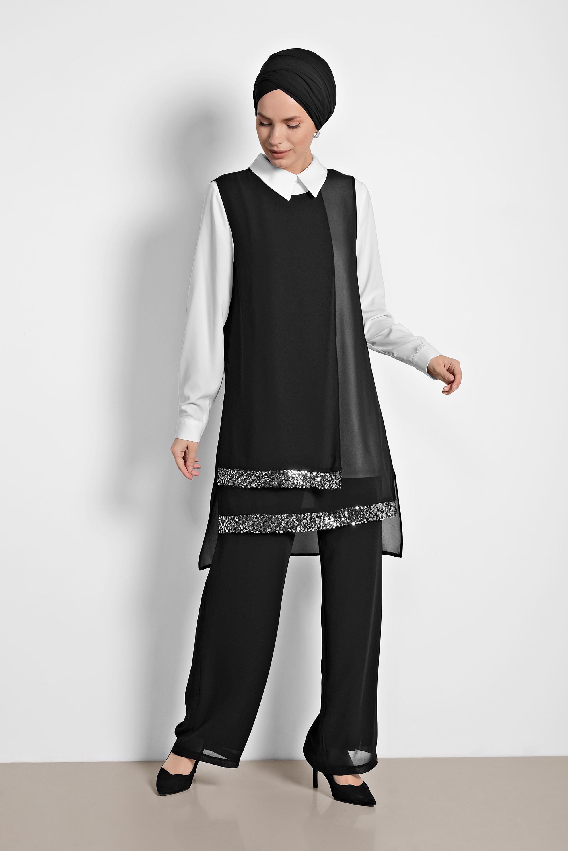 Tesettür giyim SİYAH ETEK UCU TAŞLI KLASİK ÜÇLÜ PANTOLONLU TAKIM 3522