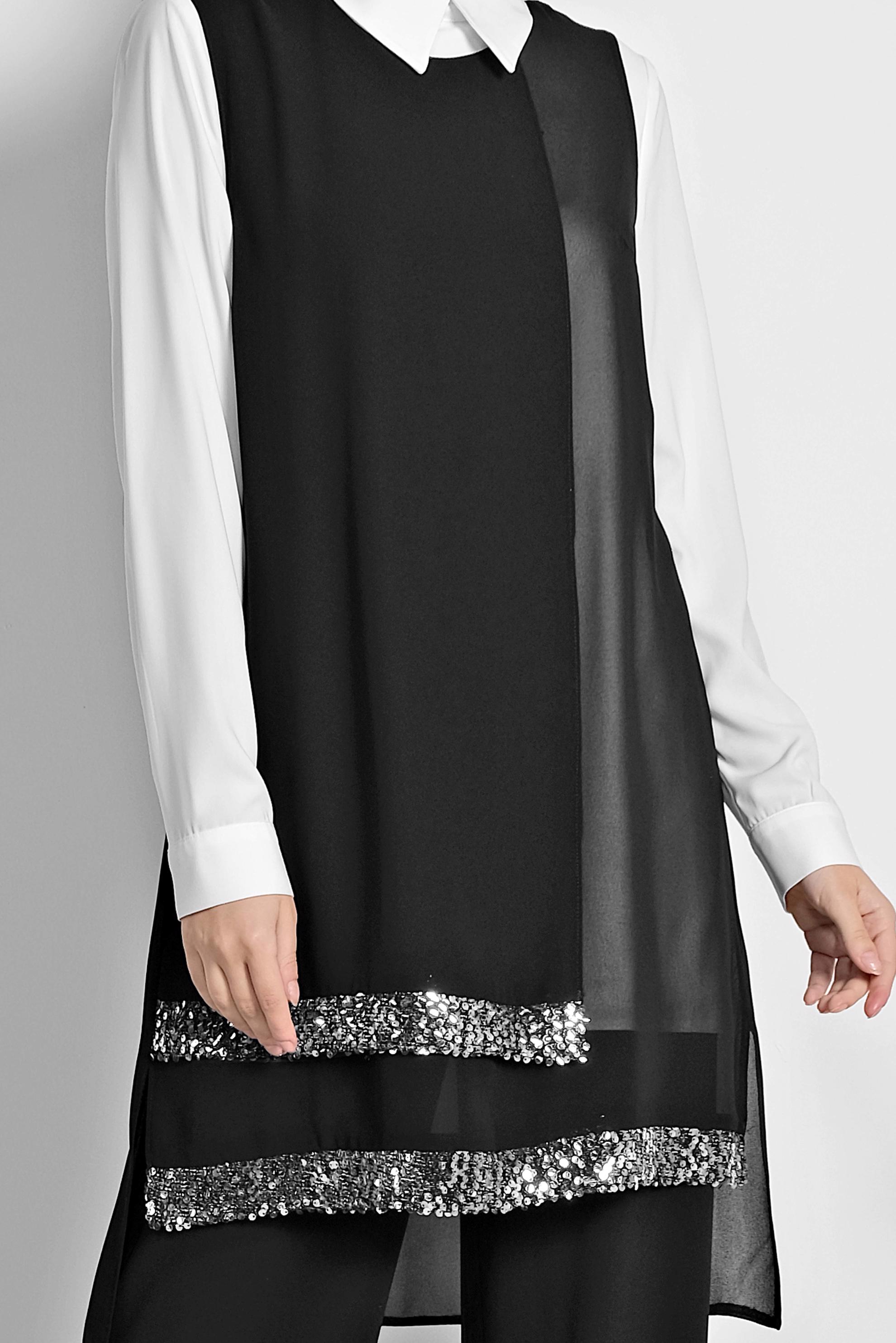 Tesettür giyim SİYAH ETEK UCU TAŞLI KLASİK ÜÇLÜ PANTOLONLU TAKIM 3522