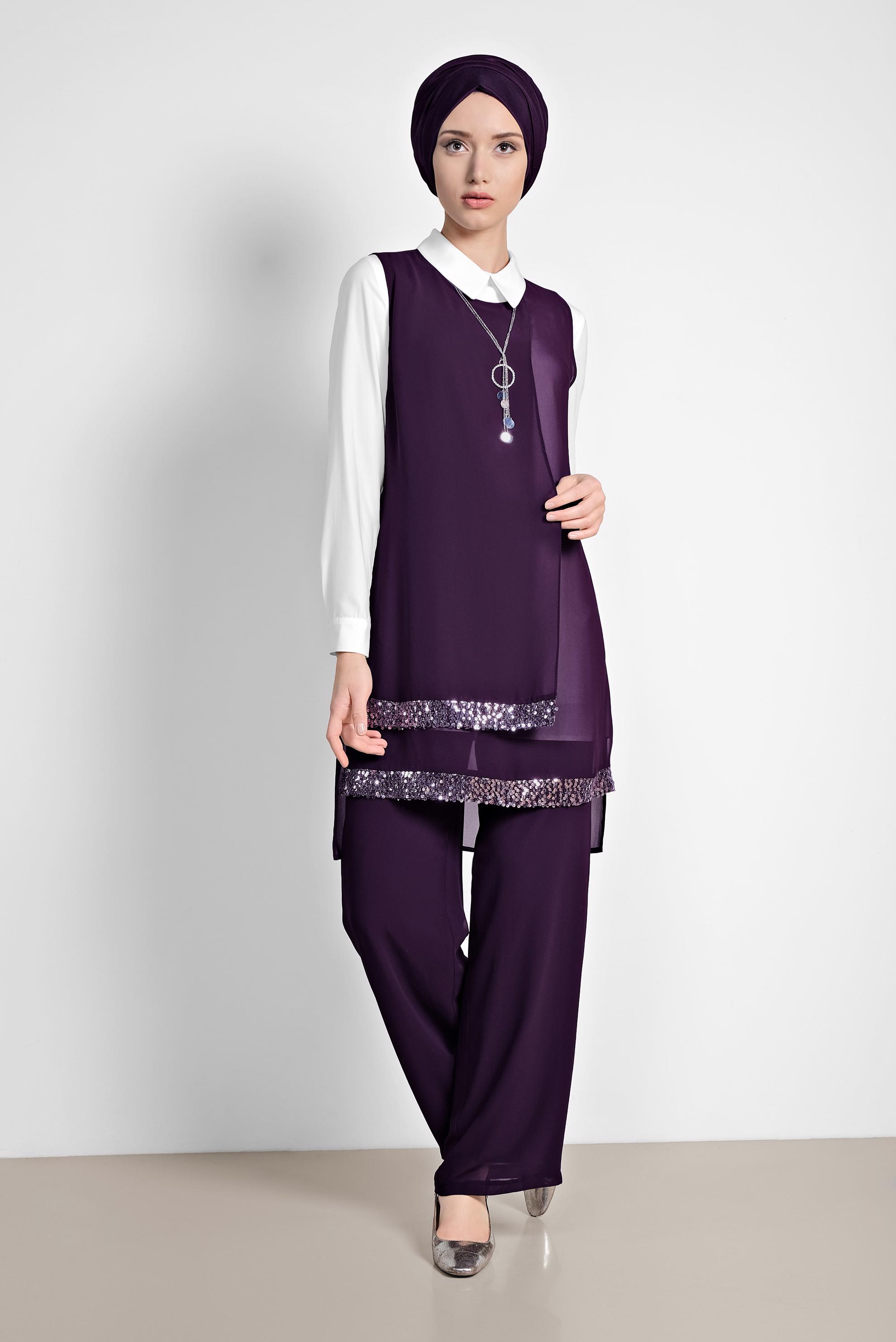 Tesettür giyim MOR ETEK UCU TAŞLI KLASİK ÜÇLÜ PANTOLONLU TAKIM 3522