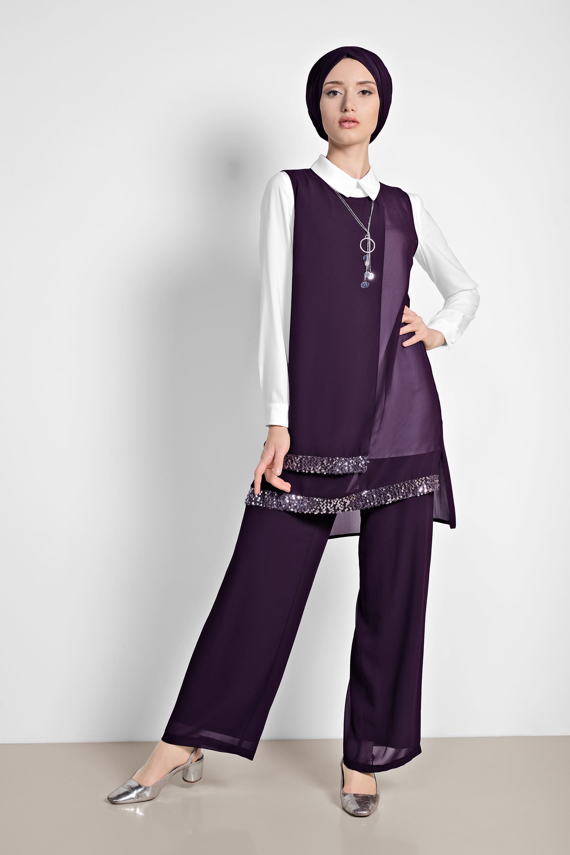 Tesettür giyim MOR ETEK UCU TAŞLI KLASİK ÜÇLÜ PANTOLONLU TAKIM 3522