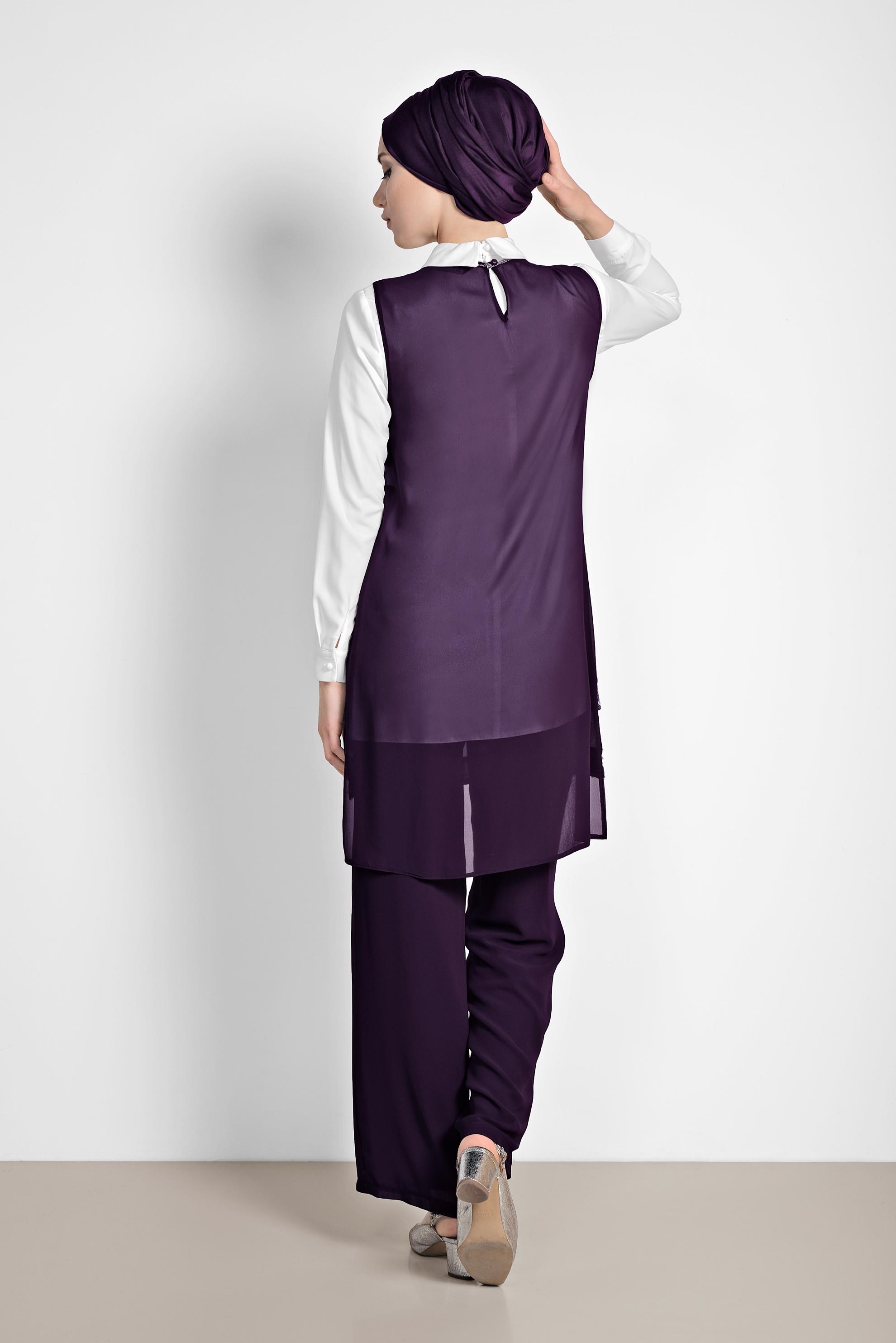 Tesettür giyim MOR ETEK UCU TAŞLI KLASİK ÜÇLÜ PANTOLONLU TAKIM 3522