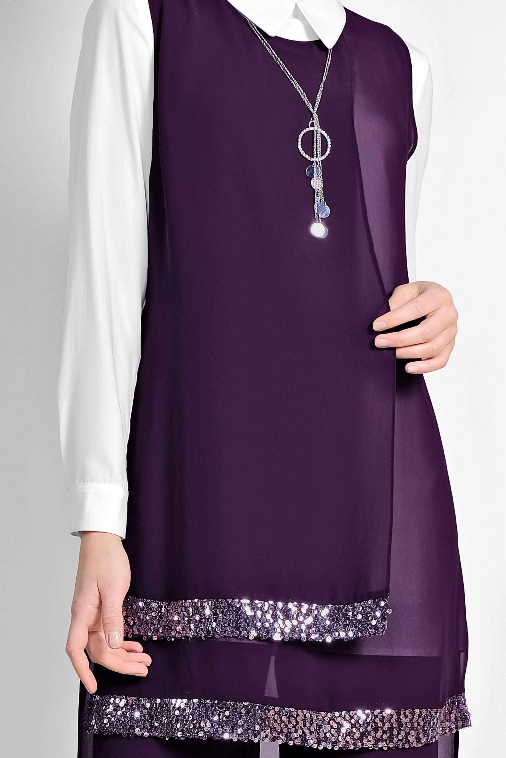 Tesettür giyim MOR ETEK UCU TAŞLI KLASİK ÜÇLÜ PANTOLONLU TAKIM 3522