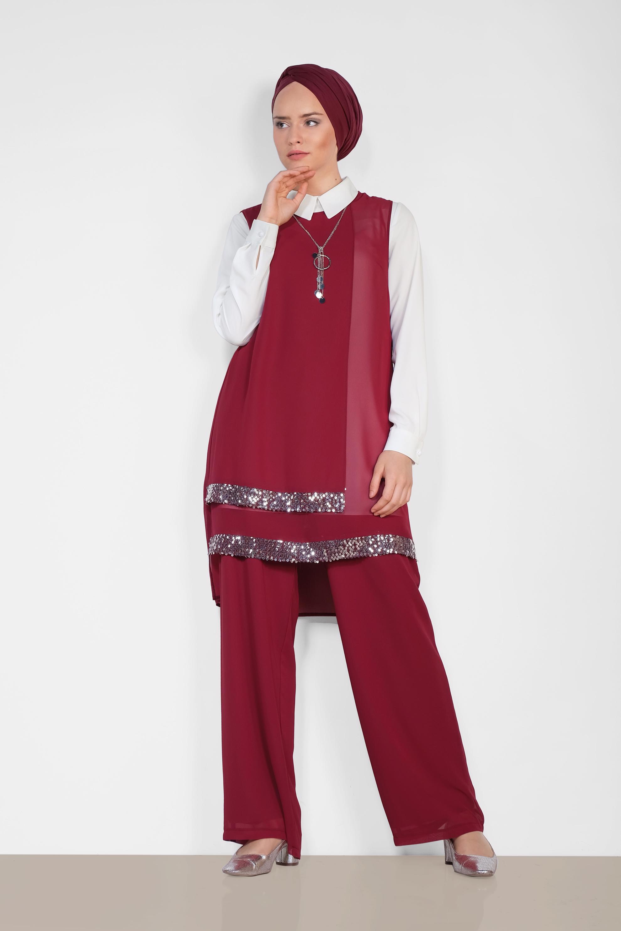Tesettür giyim BORDO ETEK UCU TAŞLI KLASİK ÜÇLÜ PANTOLONLU TAKIM 3522