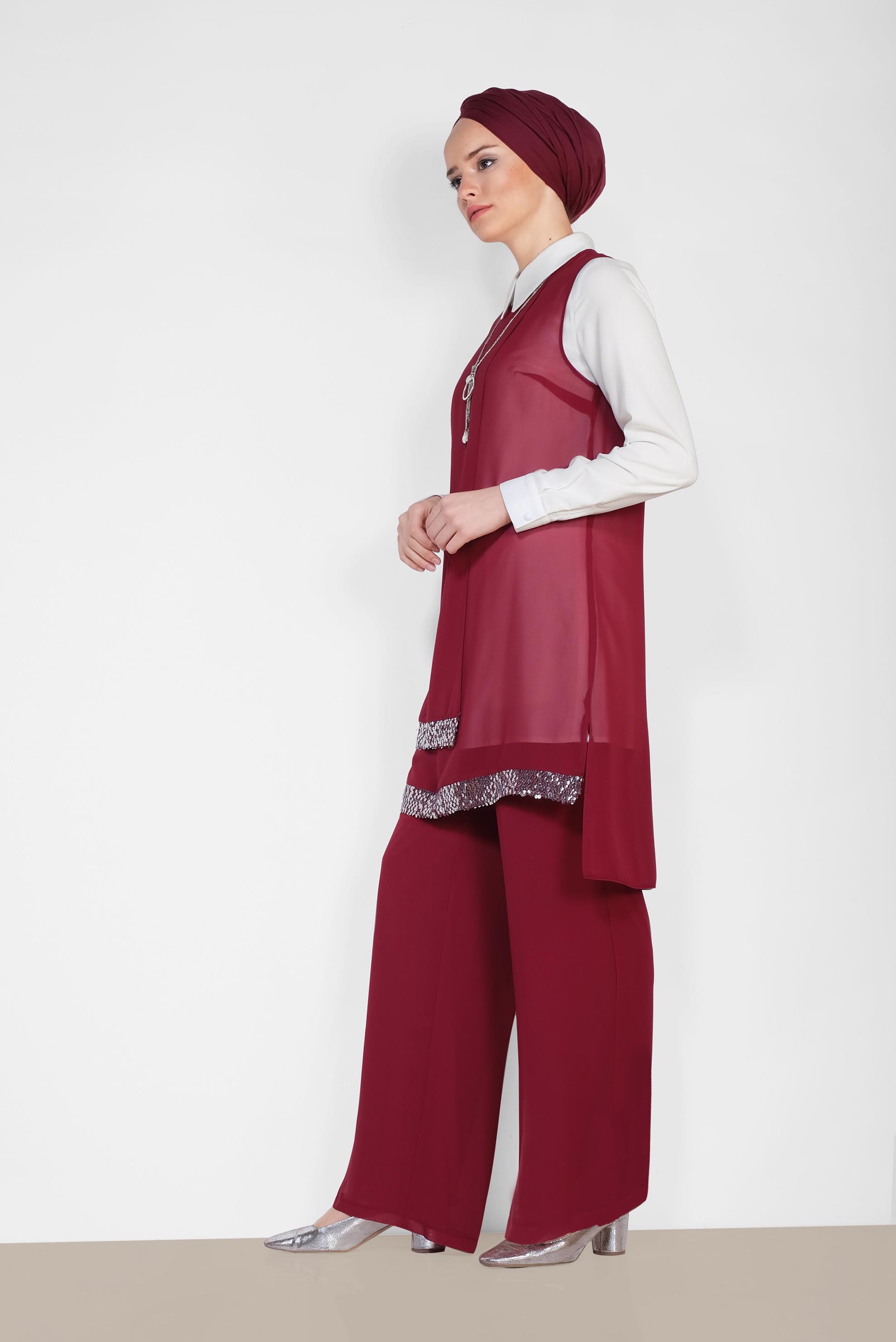 Tesettür giyim BORDO ETEK UCU TAŞLI KLASİK ÜÇLÜ PANTOLONLU TAKIM 3522