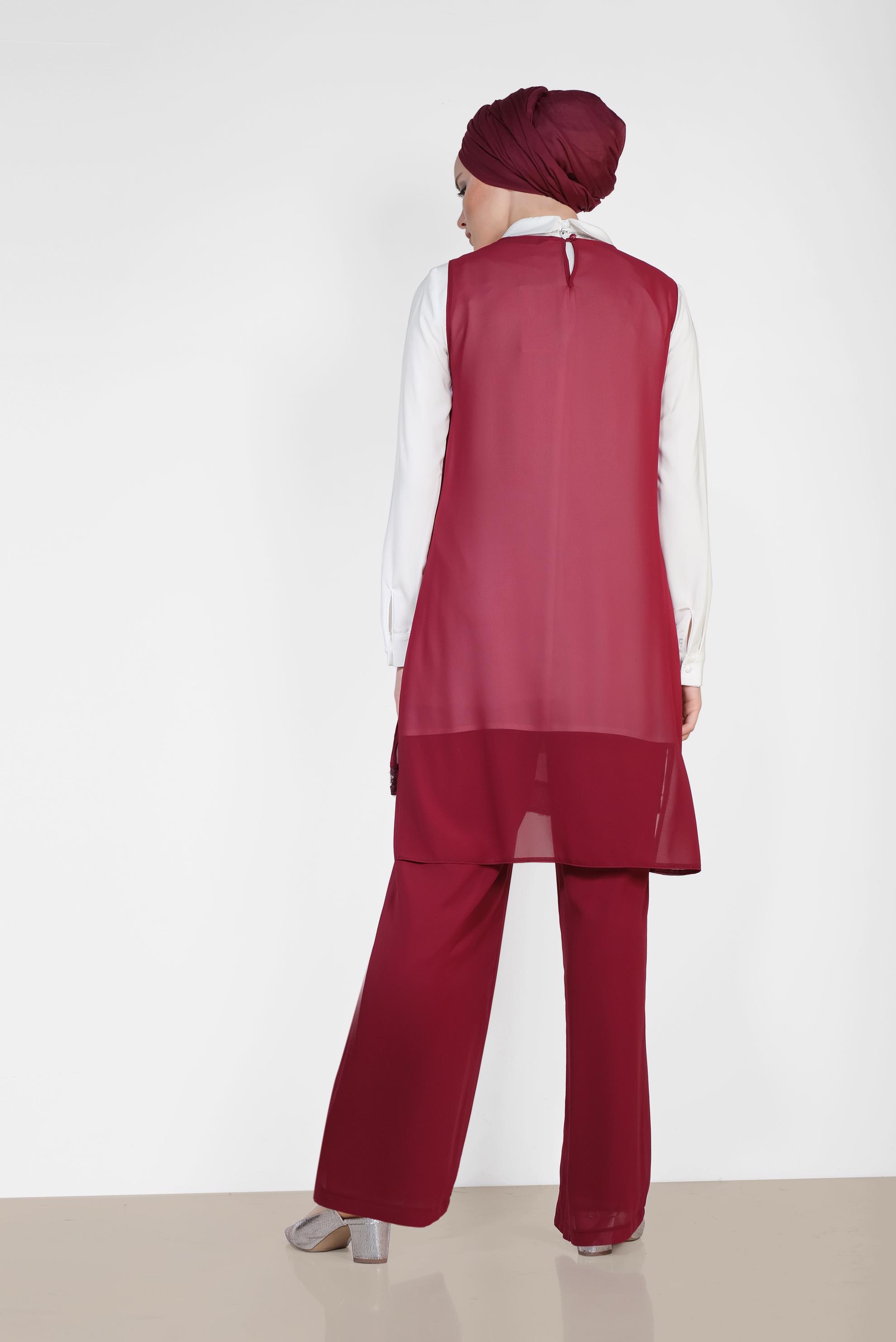 Tesettür giyim BORDO ETEK UCU TAŞLI KLASİK ÜÇLÜ PANTOLONLU TAKIM 3522